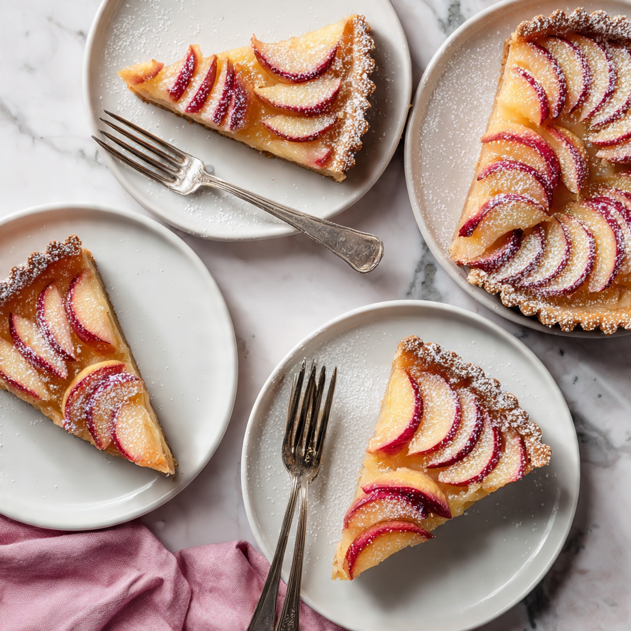 A single slice of fruit tart sits on a small white plate, showing three main layers: a thick golden crust on the bottom, a pale yellow creamy filling in the middle, and thinly sliced pinkish-red fruit arranged closely on top in a fan shape. The edges of the tart are slightly browned and dusted with a fine white powder. Behind the plate, two silver forks are crossed. In the background, a larger tart with the same layers and fruit pattern rests on a light pink plate on a white marbled surface, with a soft pink cloth nearby. Photo taken with an iphone --ar 4:5 --v 7