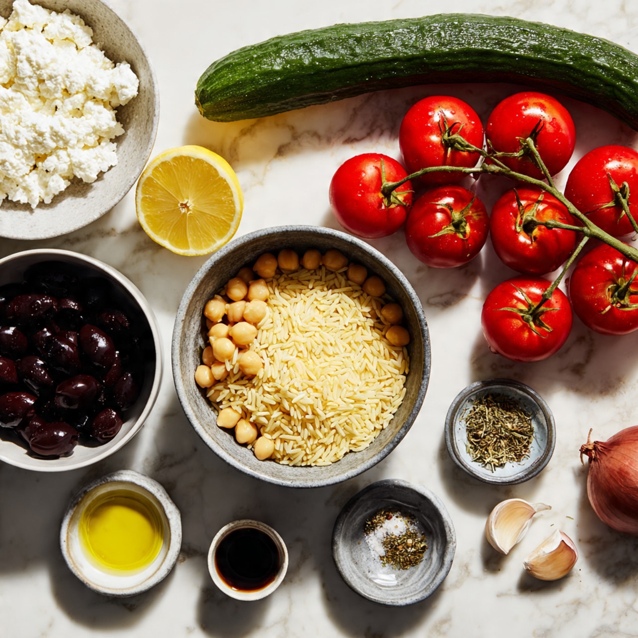 A white bowl filled with a colorful orzo salad sits on a white marbled surface. The salad has several layers: the bottom layer is small, tubed orzo pasta in a light yellow-beige color. Mixed in are pieces of bright green cucumber chunks, halved red cherry tomatoes, and light beige chickpeas. Thin purple-red onion slices and black olive slices dot the salad evenly. On top, there are dollops of white, crumbly cheese spread over the salad. A silver spoon rests inside the bowl on the right side. The setting includes blurred red tomatoes and a lemon half in the background. Photo taken with an iphone --ar 4:5 --v 7