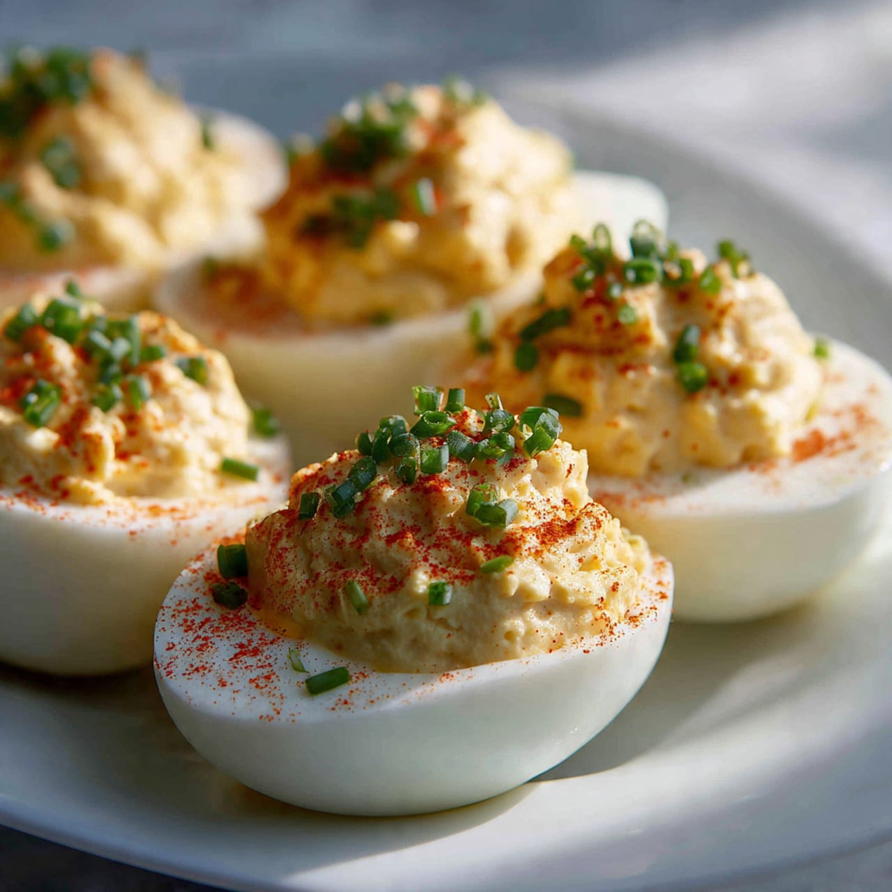 A close-up view of several deviled eggs arranged on a white plate, each egg half showing a smooth white outer layer with a creamy, pale yellow filling in the center. The filling is textured with small soft lumps and topped with a light dusting of reddish-orange paprika and short, bright green chive pieces scattered on top. The eggs sit on a white marbled surface with soft natural lighting that highlights the colors and textures, creating a fresh and appetizing look, photo taken with an iphone --ar 4:5 --v 7