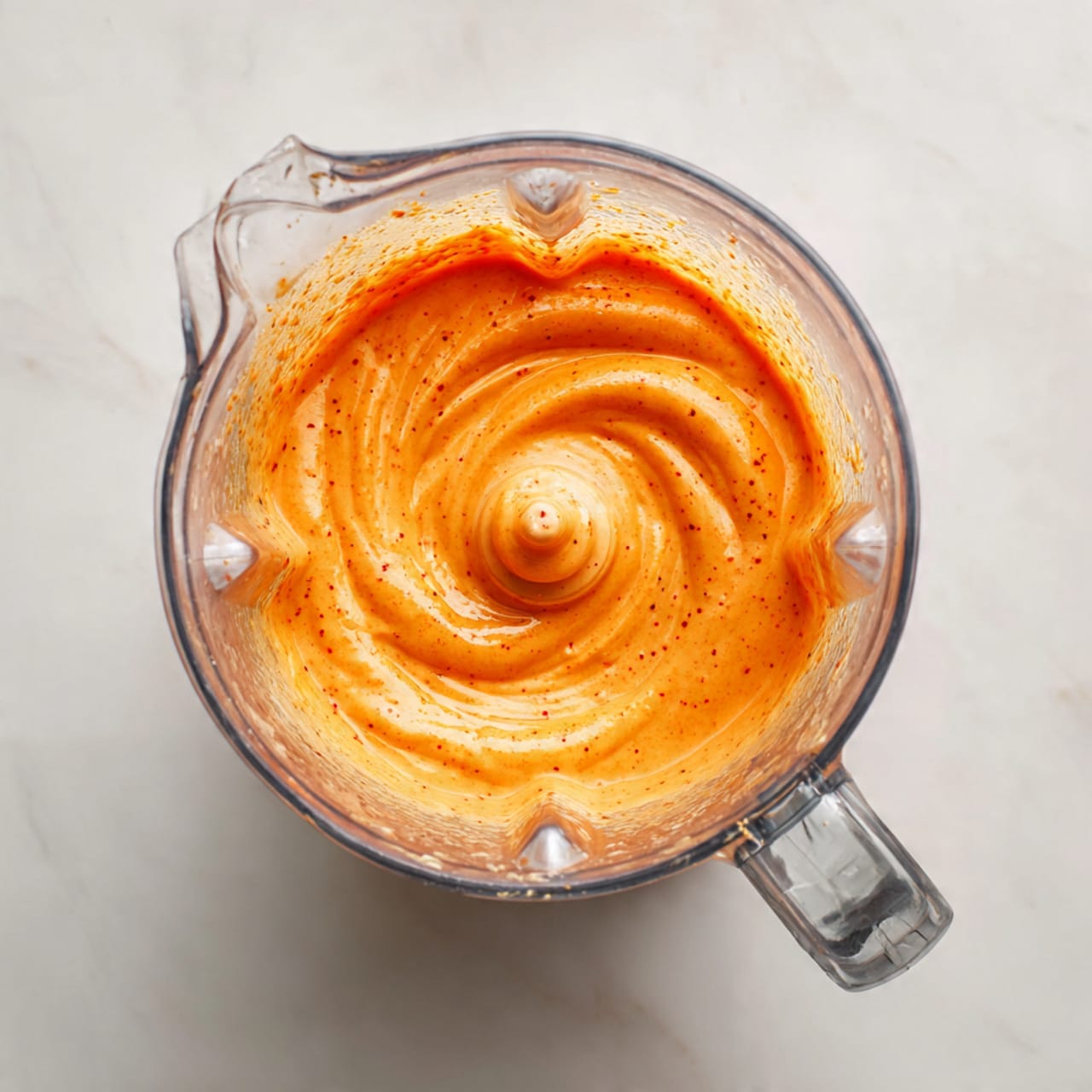The image shows a white bowl filled with a thick, smooth orange dip with a creamy texture. The dip fills the bowl almost to the edge, with a slight swirl on top. A woman's hand holds a spoon in the foreground, scooping some of the dip. In the center of the bowl, there are small green pieces, likely chopped herbs, and a sprinkling of light-colored seeds or nuts arranged neatly. The bowl is set on a white marbled surface, with a few small green herb leaves scattered nearby. photo taken with an iphone --ar 4:5 --v 7