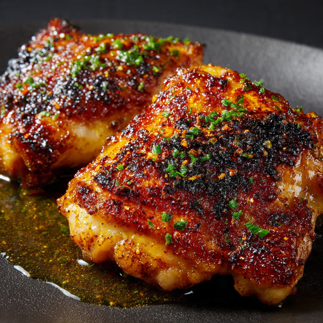 The image shows a black cast iron pan with five pieces of cooked chicken thighs inside. Each piece has a crispy, browned skin with a mix of golden and darker brown colors, showing a textured and slightly oily surface. The chicken pieces are sprinkled with small green herb bits. The pan holds some cooking juices and oil, giving a shiny feel to the surface around the chicken. A metal spoon lies inside the pan on the bottom left, partially visible. The background is a white marbled texture with a crumpled light beige cloth in the upper part of the image. Photo taken with an iphone --ar 4:5 --v 7