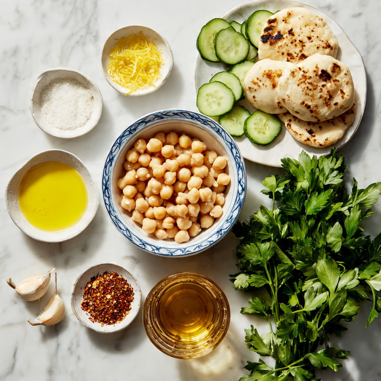 The image shows a top view of ingredients for a dish arranged on a white marbled surface. In the center, there is a white bowl with a blue rim full of light beige chickpeas. To the left, there are small white bowls containing yellow tahini sauce, olive oil, lemon zest, garlic cloves, salt, and red spice. Fresh green parsley leaves are placed next to the bowls. On the right side, a white plate holds several pieces of pita bread with sliced green cucumber on top. Below the plate, there is a glass container with light brown liquid. The scene is well-lit and clear, photo taken with an iphone --ar 4:5 --v 7