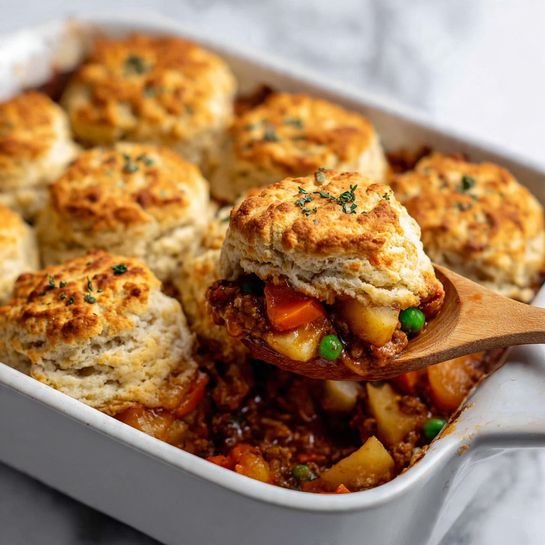 The image shows a white rectangular baking dish filled with a savory pie topped with four thick, golden-brown biscuit rounds. Each biscuit has a fluffy, layered texture with a slightly crispy top. Underneath the biscuits is a rich, thick stew made of browned ground meat mixed with diced orange carrots, light yellow potatoes, green peas, and small bits of onions in a reddish-brown sauce. A white spoon is lifting one biscuit, showing the crust’s height and softness. The dish rests on a white marbled surface with a small white plate partially visible at the bottom right corner. photo taken with an iphone --ar 4:5 --v 7