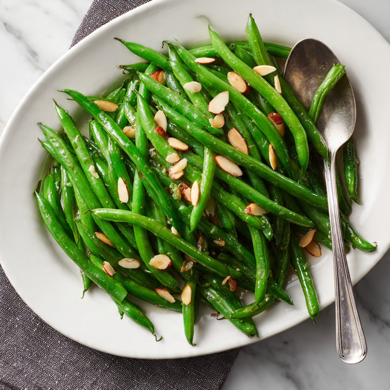 The image shows a white oval plate filled with bright green cooked green beans scattered evenly across the plate. On top of the green beans, there are thin, light brown almond slices sprinkled over them. On one side of the plate, there is a large silver serving spoon partially resting on the green beans. The plate is placed on a white marbled surface with a gray textured cloth partially visible under the plate. The green beans look shiny and fresh, giving a vibrant and healthy appearance. photo taken with an iphone --ar 4:5 --v 7