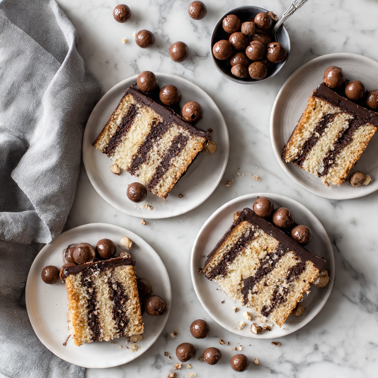Four slices of cake with five dark chocolate layers and four lighter brown creamy layers alternate evenly. Each slice is placed on a round white plate with a few small round chocolate balls beside the cake. The top of the cake has a dark chocolate layer with a few chocolate balls on one side. The scene is set on a white marbled surface with scattered chocolate balls and a small container filled with them at the center. A gray cloth is laid out on the left side of the image. photo taken with an iphone --ar 4:5 --v 7