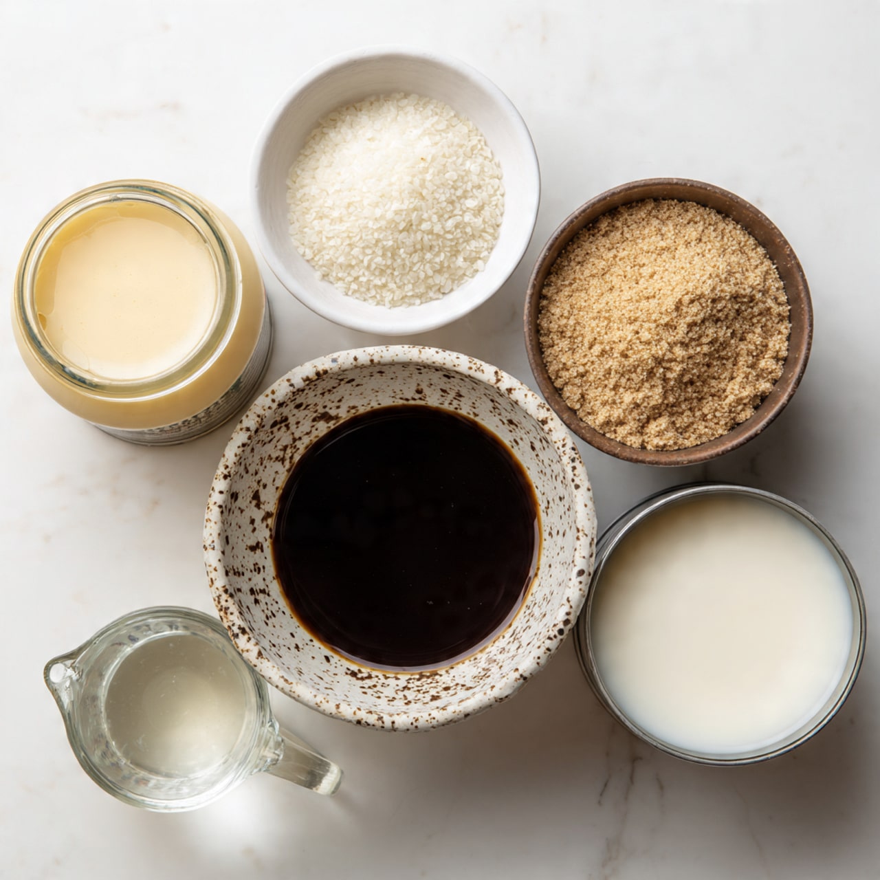 A white bowl with small brown speckles sits in the center filled with a dark brown liquid. Above the bowl are two small white bowls, one with white grains resembling salt and the other with a light brown powder. To the left of the bowl, there is a can of light creamy yellow condensed liquid and a small clear glass pitcher filled with clear liquid. To the right of the bowl are two open cans, one filled with thick white liquid and the other with a slightly thinner white liquid. All items are placed on a white marbled surface. photo taken with an iphone --ar 4:5 --v 7