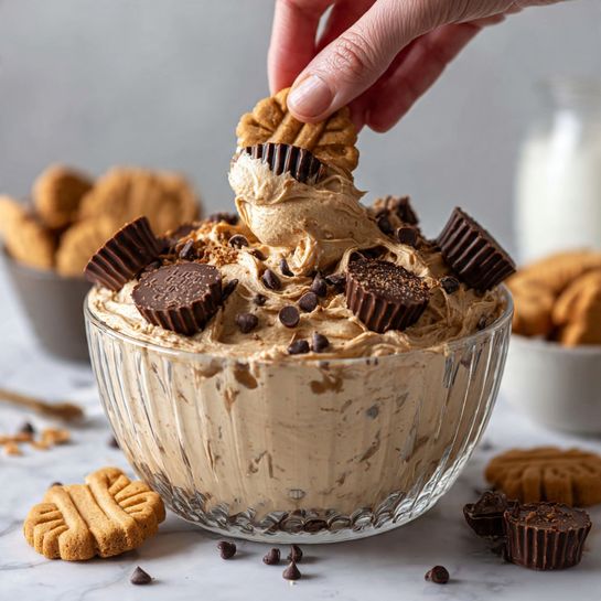 A large clear bowl in the middle is filled with a creamy, light brown dip with small dark chocolate chips mixed inside, topped with several pieces of peanut butter candy cups, some whole and some cut, scattered evenly. This bowl sits on a white plate with a thin black rim, surrounded by three types of cookies laid out in groups: dark chocolate sandwich cookies with cream filling, tan peanut-shaped cookies, and round cookies with a tan drizzle on top. Around the plate, there are also some small pieces of peanut butter candies and a few whole cookies scattered. The background is a white marbled surface, and a woman's hand is reaching from the top edge near the bowl photo taken with an iphone --ar 4:5 --v 7