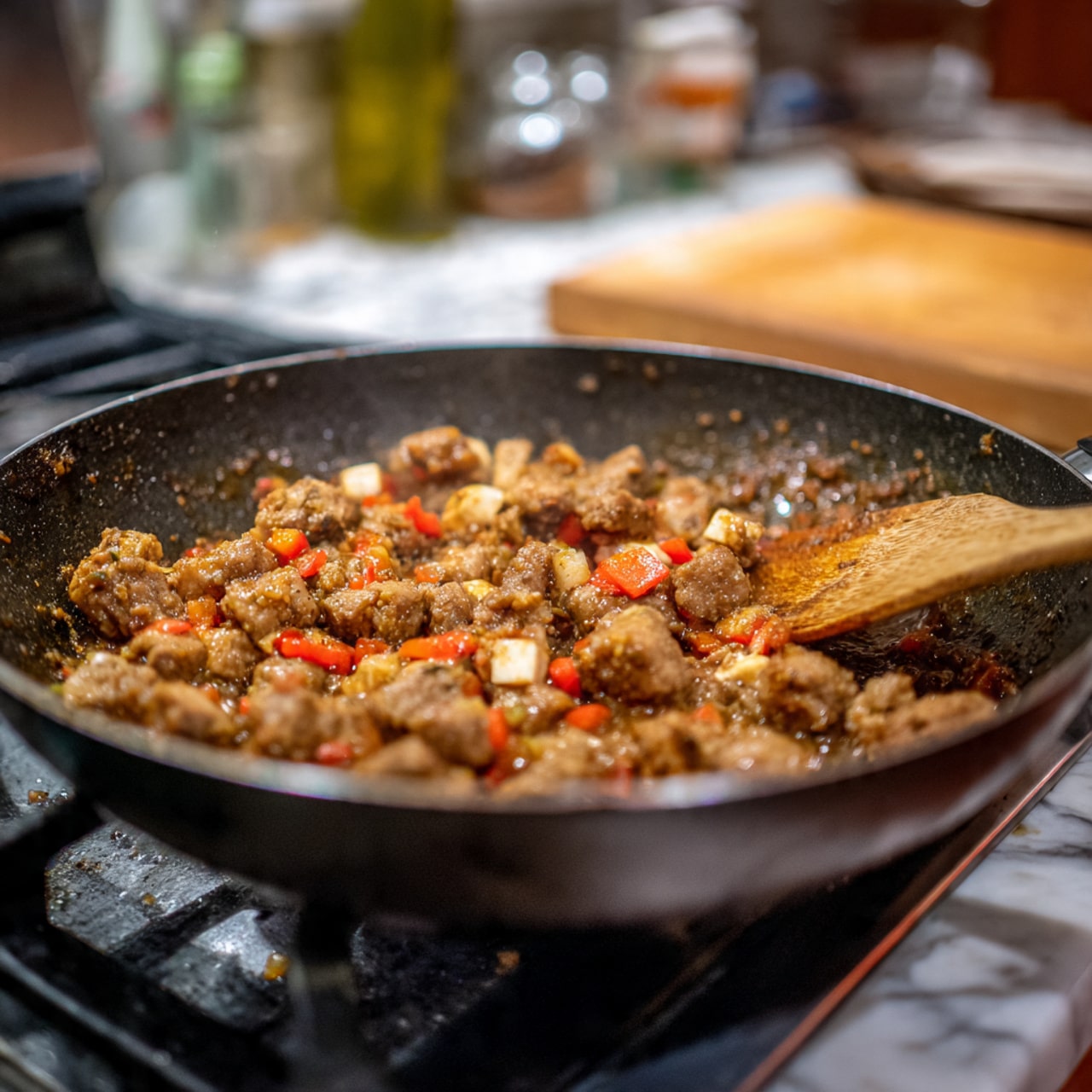 A close-up of a black pan on a stove filled with cooked small brown meat pieces mixed with small white cubes of cheese and bits of red bell pepper. A wooden spoon stirs the mixture from the right side of the pan. The food looks thick with a moist texture, and the meat pieces are uneven in size. The background shows part of the stove and some kitchen elements, with a warm and cozy cooking scene. The surface under the pan is a white marbled texture. photo taken with an iphone --ar 4:5 --v 7
