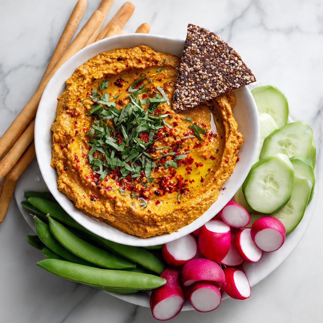A white bowl filled with a creamy orange dip that has a rough texture, topped with a drizzle of olive oil, red spices, and fresh green herbs gently placed on top. A dark brown triangular cracker with mixed white and brown seeds is partially dipped into the dip near the top edge of the bowl. Around the bowl, there are various fresh vegetables including bright green snap peas with visible peas inside, several red and pink radishes, slices of light green cucumber, and red and white slices of watermelon radish. Thin, long, light brown breadsticks lean against the bowl on the left side. All items rest on a white marbled surface. photo taken with an iphone --ar 4:5 --v 7
