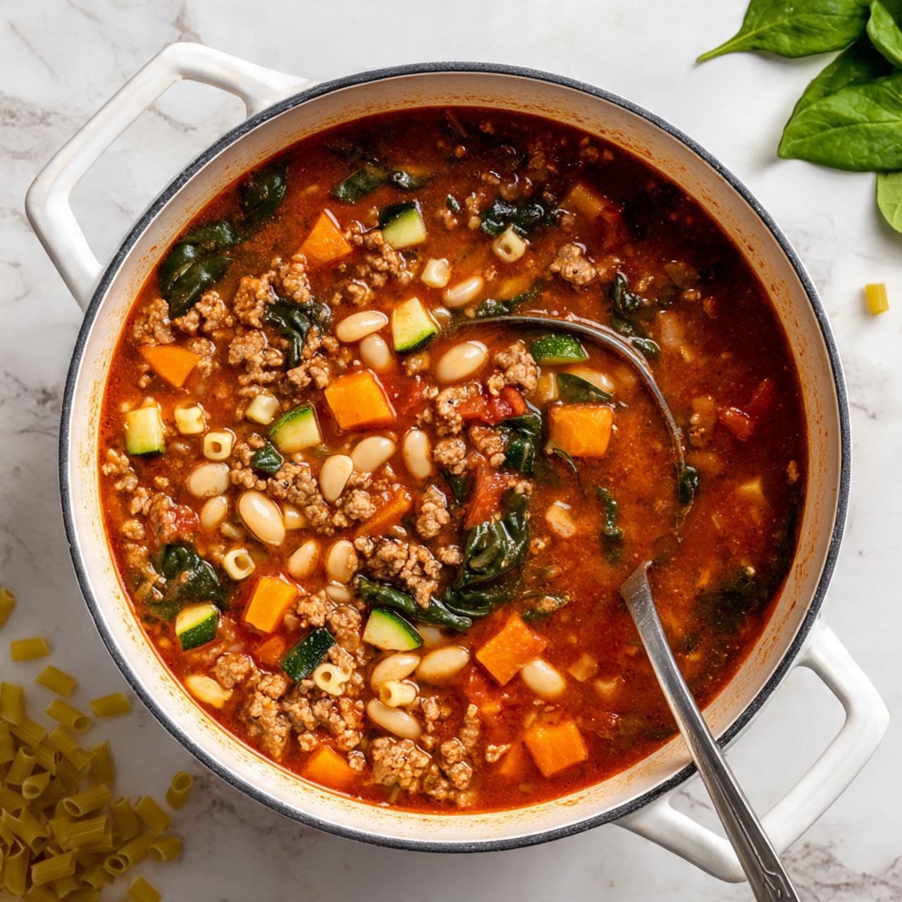 A white pot filled with a thick vegetable and meat soup showing three main layers: the bottom layer has a bright red tomato broth, the middle layer contains orange cubes of carrot, white beans, and small pieces of ground meat, while the top layer has green spinach leaves and diced dark green zucchini mixed throughout. The soup’s texture looks chunky and rich, with soft pasta pieces scattered inside. A silver spoon is partially submerged on the right side of the pot, resting against the white marbled surface with some uncooked pasta scattered nearby and fresh spinach leaves slightly visible at the top right. Photo taken with an iphone --ar 4:5 --v 7