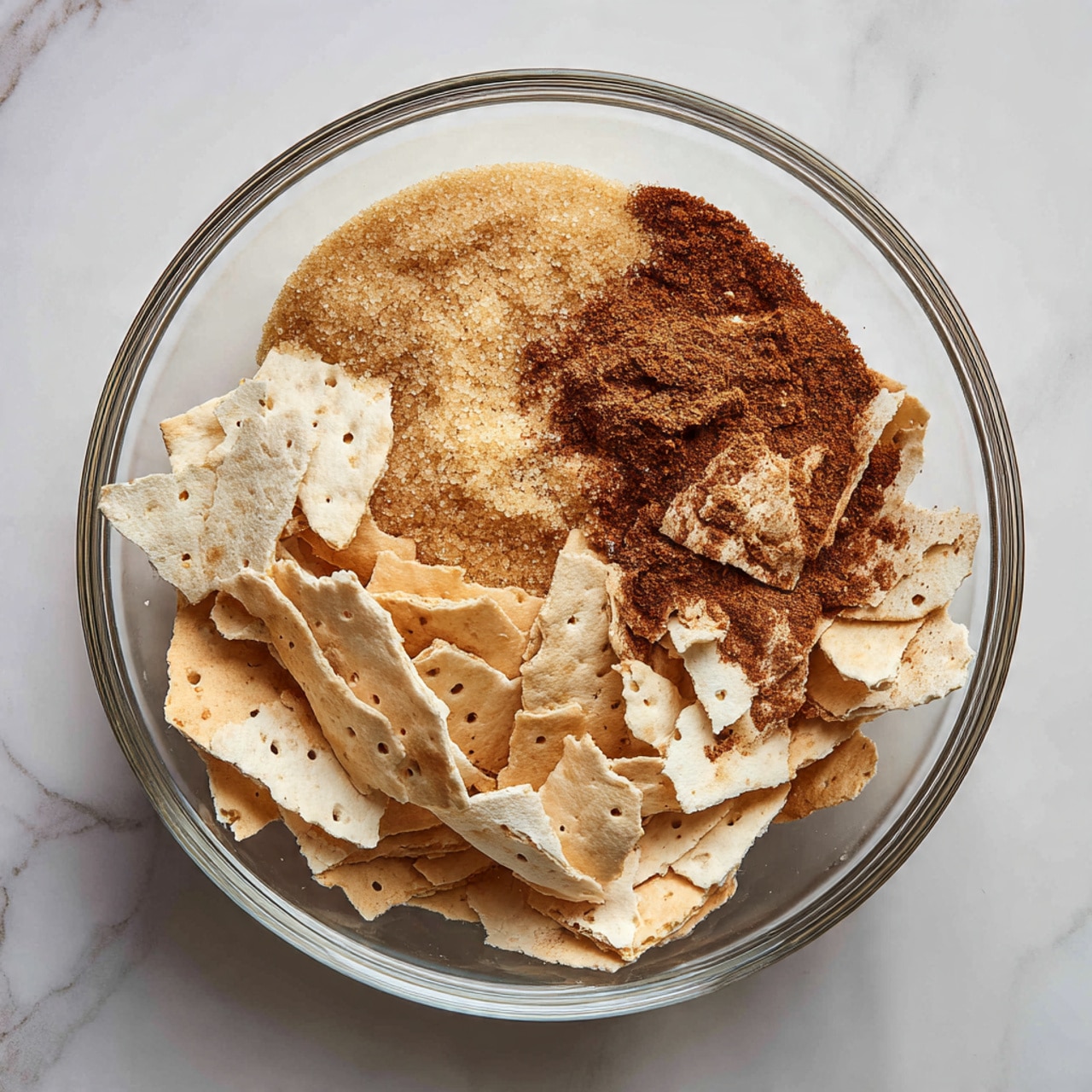 A clear round bowl is filled with three main layers of ingredients. The bottom layer consists of uneven pieces of light beige crackers with small holes and rough edges. On top and to the left side, there is a dense pile of light brown granulated sugar, while the bottom right part is covered with darker brown cinnamon powder spread unevenly over more cracker pieces. The bowl is set on a white marbled surface, photo taken with an iphone --ar 4:5 --v 7
