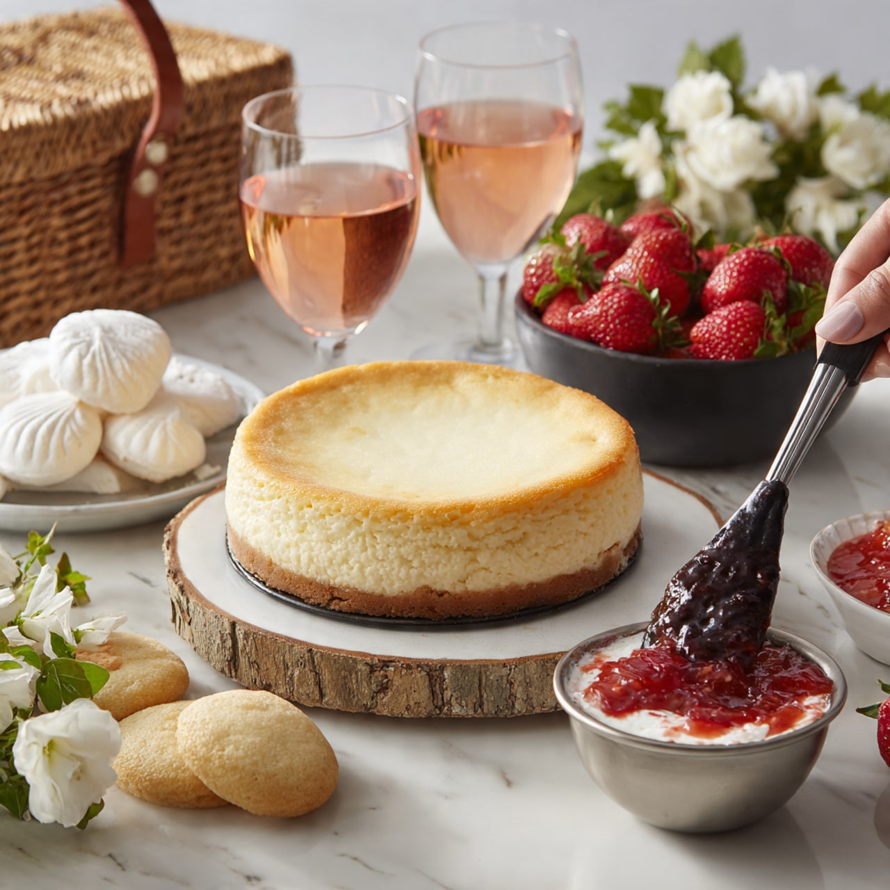 The image shows a round, pale yellow cheesecake resting on a white marbled board in the center, with a shiny silver bowl full of white and red creamy mixture in the front right, being stirred by a woman's hand holding a black spatula. Behind the cheesecake are two wine glasses filled with light pink rosé wine. To the left, there is a small white plate with several white meringue cookies and a wicker picnic basket with a leather strap. Behind, on the top right, is a black bowl filled with fresh red strawberries with green tops. Next to it, on the far right, is a small white bowl with bright red strawberry sauce and a spoon inside. The surface under everything is white marbled with a piece of rustic light wood under the cheesecake. Large white flowers and green leaves slightly cover the top portion of the frame. photo taken with an iphone --ar 4:5 --v 7