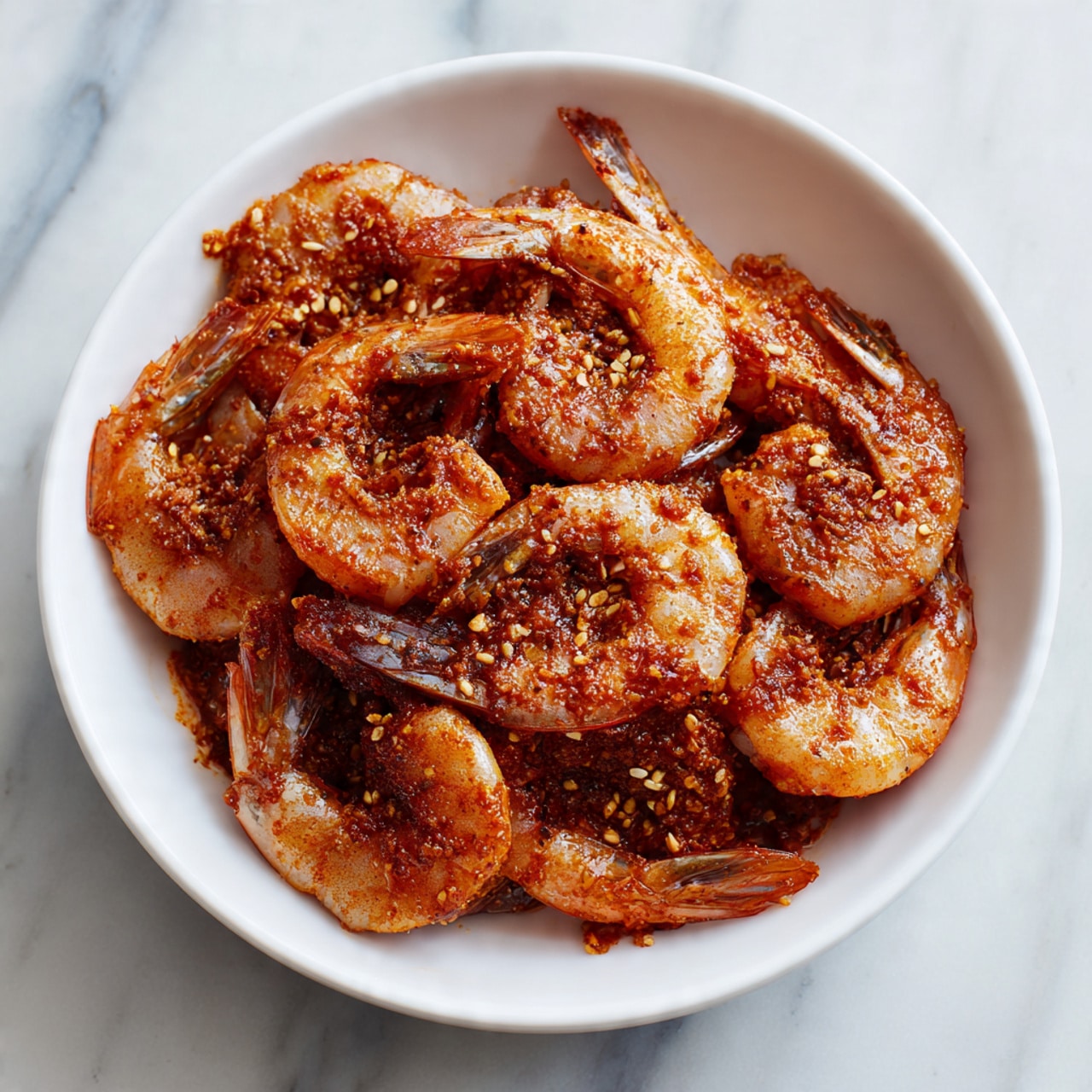A white bowl filled with raw shrimp coated in a reddish-brown spice mixture, the shrimp are arranged loosely with their tails visible. The spice mix looks thick and slightly oily, covering the shrimp unevenly. The shrimp have a translucent greyish color under the spice coating. The bowl is set on a white marbled surface. photo taken with an iphone --ar 4:5 --v 7