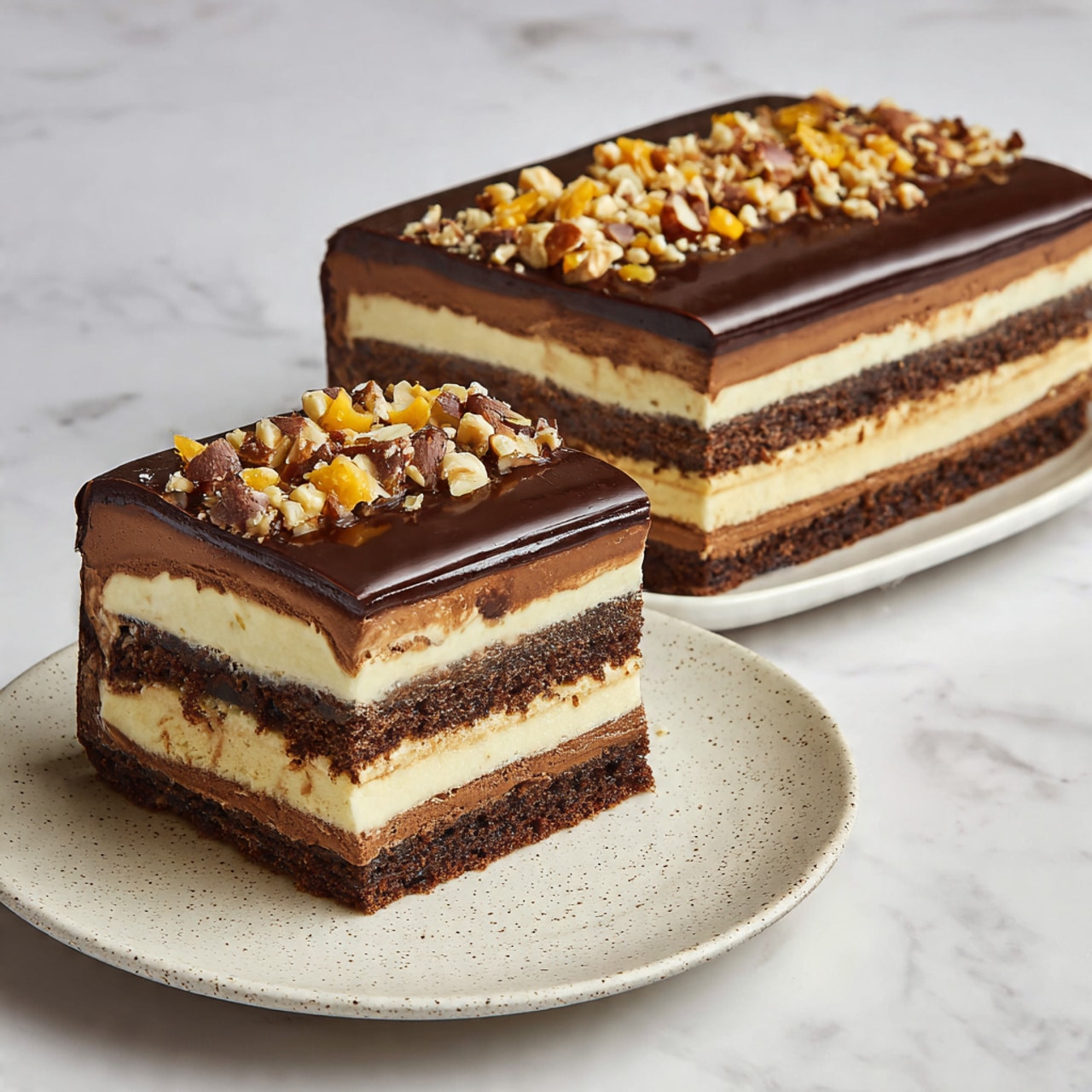 A rectangular cake with five visible layers sits on a white speckled plate over a white marbled surface. The bottom layer is a light beige smooth layer, topped by a thick dark brown cake layer. Above this is a thin glossy dark brown filling layer, followed by another thick dark brown cake layer. The top layer is a thick dark brown chocolate layer covered with chopped nuts and small pieces of yellow candied fruit. A slice of the cake is cut and laid flat in front, showing all the layers clearly. Photo taken with an iphone --ar 4:5 --v 7