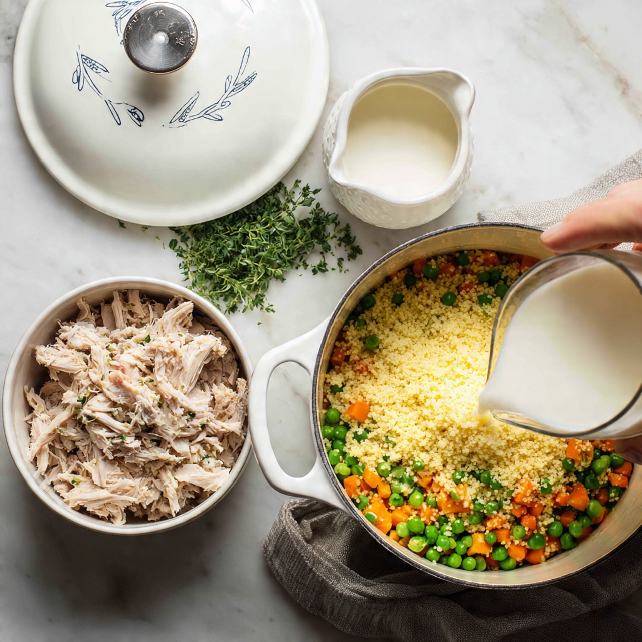 A close-up view shows a creamy rice dish in a white pot with a black edge, mixed with soft white rice, small bright orange carrot pieces, green peas, and bits of green herbs evenly spread throughout. The rice looks thick and coated in a pale, creamy sauce with a slightly glossy texture. A black spoon scoops up a portion, revealing chunks of tender white meat mixed with the vegetables and sauce. The background features a white marbled surface. photo taken with an iphone --ar 4:5 --v 7