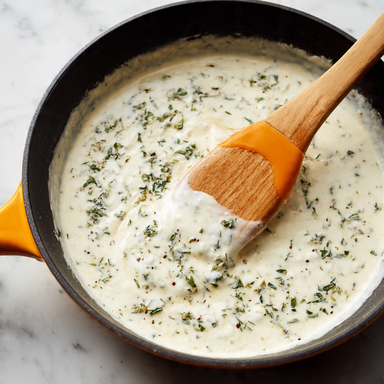 A close-up view of a thick, creamy white sauce with small black and green herb specks scattered throughout. The sauce has a smooth texture with few tiny bubbles visible on its surface. A wooden spatula with a bright orange silicone tip rests in the sauce, slightly lifting some of it, showing the sauce’s dense consistency. The background is a white marbled texture. photo taken with an iphone --ar 4:5 --v 7