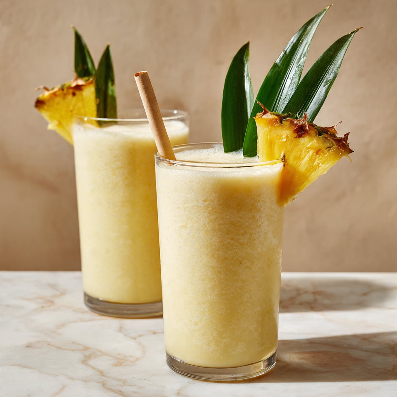 Two tall, clear glasses filled with a creamy, light yellow drink are shown. Each glass has a textured, slightly frothy surface at the top. There is a golden pineapple wedge with green leaves on the rim of both glasses. One glass is closer to the front, showing more detail, while the second is slightly blurred in the back. Both drinks have a beige straw inserted. The background is a soft beige, and the drinks are placed on a white marbled surface. Photo taken with an iphone --ar 4:5 --v 7