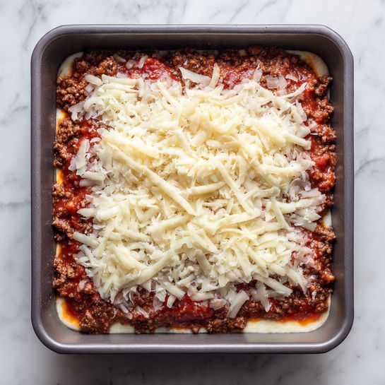 In a square gray baking dish, there are three clear layers visible: the bottom layer is yellow ravioli pasta with scalloped edges, arranged in a flat layer covering the dish; the middle layer is crumbly cooked ground beef scattered evenly over the pasta; the top layer is shredded white cheese spread loosely over the beef, with strands of cheese of different lengths and thicknesses. The dish is placed on a white marbled surface. photo taken with an iphone --ar 4:5 --v 7