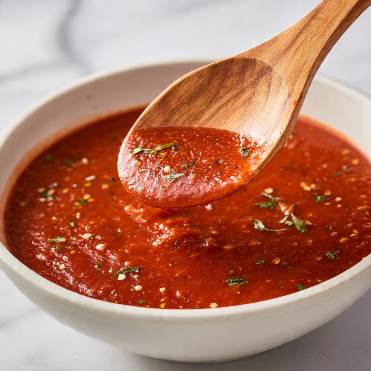 A black plate holds a round serving of spaghetti noodles covered in bright red tomato sauce. The noodles are thick and twisted in loose loops, fully coated with a smooth sauce. Light shreds of white cheese are sprinkled over the top, adding a slightly grainy texture. Fresh green parsley leaves are placed at three spots on the pasta, adding a touch of color contrast. A fork rests on the right side of the plate, partially inserted into the noodles. The plate sits on a light grey cloth, all set against a white marbled surface. Photo taken with an iphone --ar 4:5 --v 7