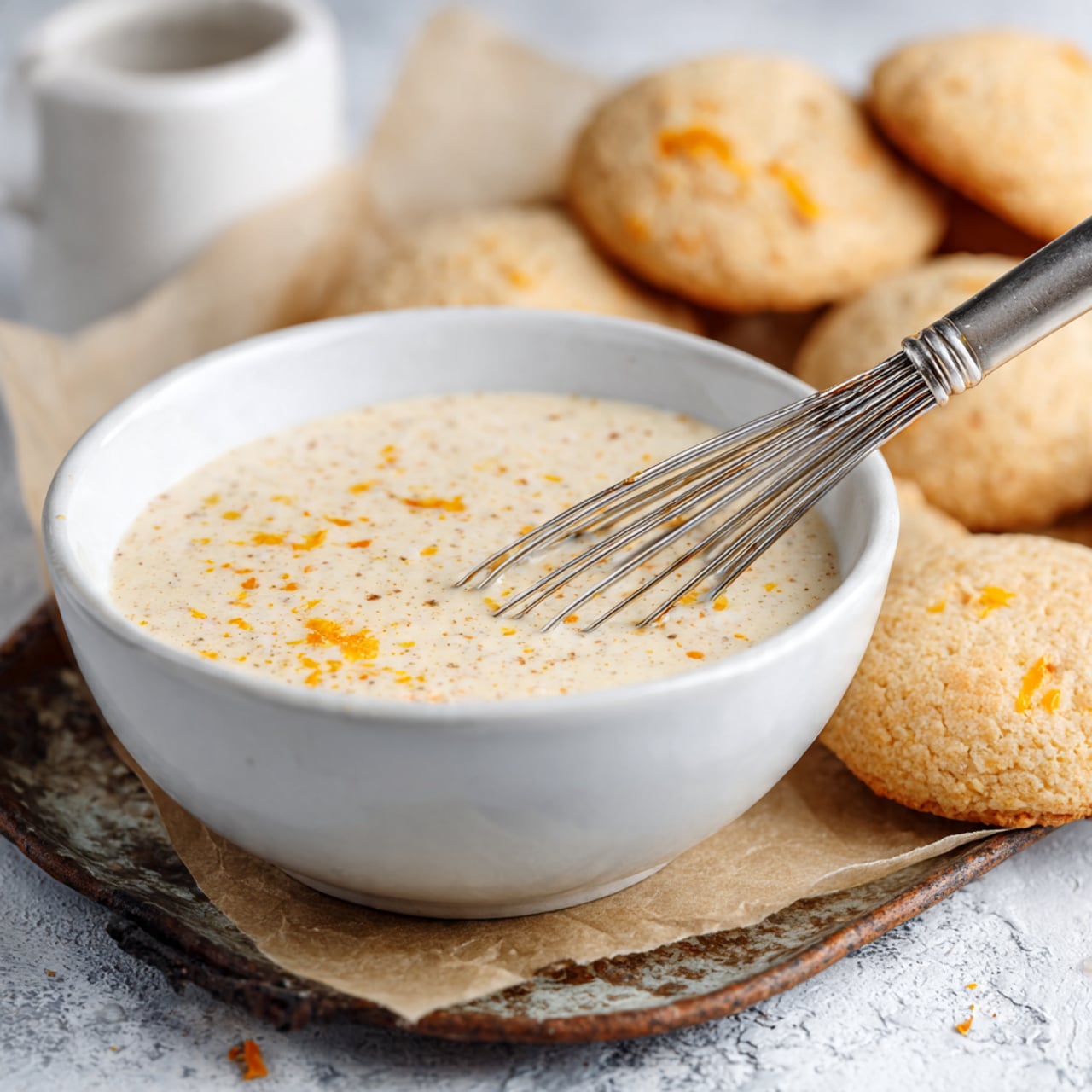 A close-up view of a white bowl filled with a light cream-colored mixture speckled with small orange bits, with a metal whisk resting inside it. Behind the bowl, there are five round, light beige cookies with faint orange spots, resting on brown baking paper. All items are placed on a well-used, rusty metal baking tray, and the background shows a white marbled texture. photo taken with an iphone --ar 4:5 --v 7