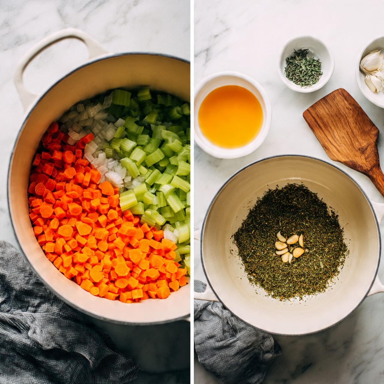 A white bowl filled with clear golden broth soup containing several layers of ingredients: light orange carrot slices, pale green celery pieces, small white orzo pasta grains, and chunks of light brown cooked chicken. The surface is sprinkled with chopped green herbs and a sprinkling of dark herbs and spices around the edges. A shiny silver spoon lies in the bowl, partially submerged in the soup, showing some chicken and orzo on it. The bowl sits on a white marbled surface with some green leafy herbs slightly blurred in the background. The lighting is bright and natural. photo taken with an iphone --ar 4:5 --v 7
