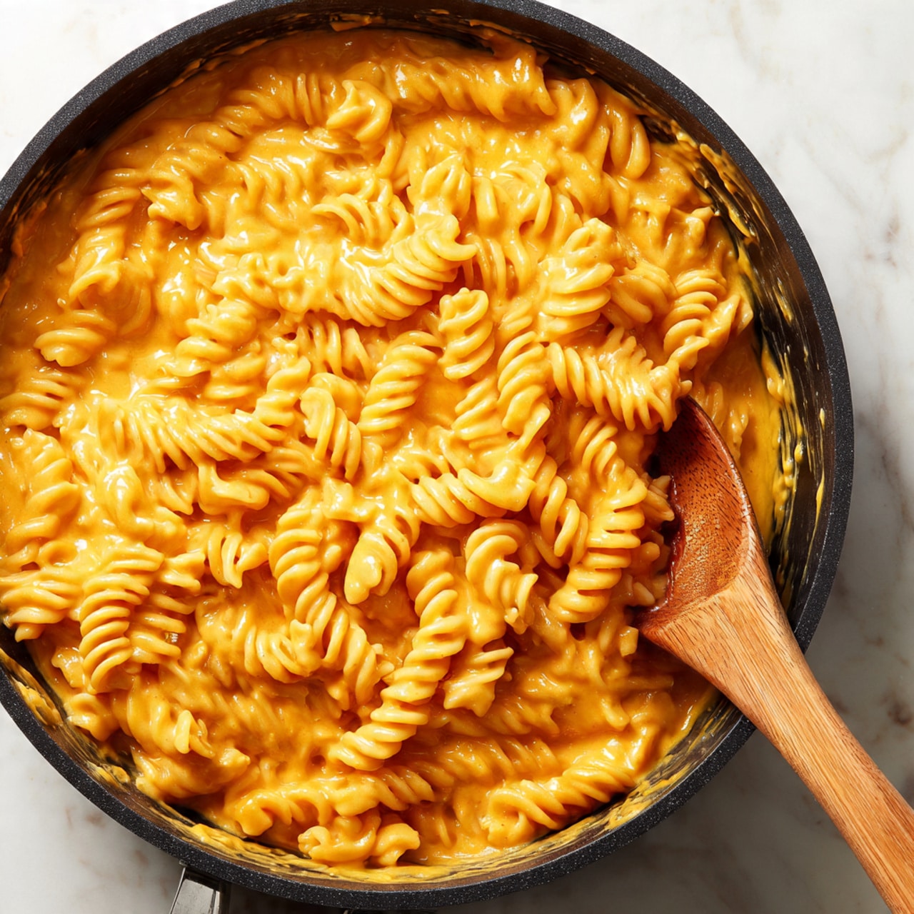 The image shows a close-up of a black pan filled with spiral pasta coated in a creamy orange-colored sauce. The pasta pieces are tightly curled, evenly covered with the sauce, and look soft with a slightly glossy texture. A wooden spoon is partially visible on the right side, mixing the pasta, with bits of sauce stuck to the pan edges. The background is a white marbled texture. photo taken with an iphone --ar 4:5 --v 7