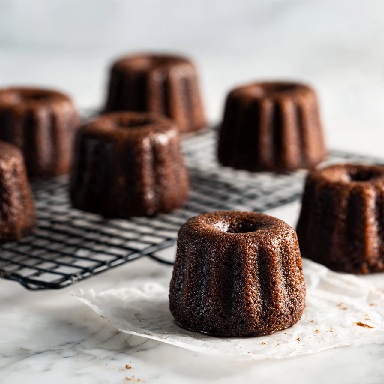 A close-up view of a dark brown muffin with a moist and slightly glossy top, speckled with small chunks of nuts or fruit, sitting in a white baking paper wrapper. The muffin is placed on a black cooling rack with other similar muffins blurred in the background. The surface below the rack has a white marbled texture. The muffin top has a slightly uneven texture, rising above the wrapper edges, giving a fresh-baked look. photo taken with an iphone --ar 4:5 --v 7