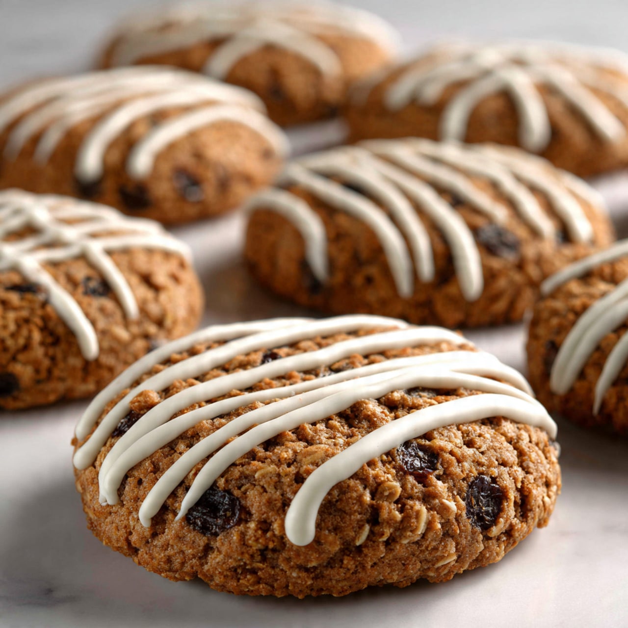 A group of nine round oatmeal cookies with a rough, crumbly texture and a golden brown color are spread out on a white marbled surface. Each cookie is decorated with three thick, diagonal lines of smooth white icing drizzled evenly across the top. The cookies are arranged in a loose, irregular pattern, showing some spacing between them. The lighting highlights the texture of the cookies and the glossy icing, creating a warm, inviting look. photo taken with an iphone --ar 4:5 --v 7