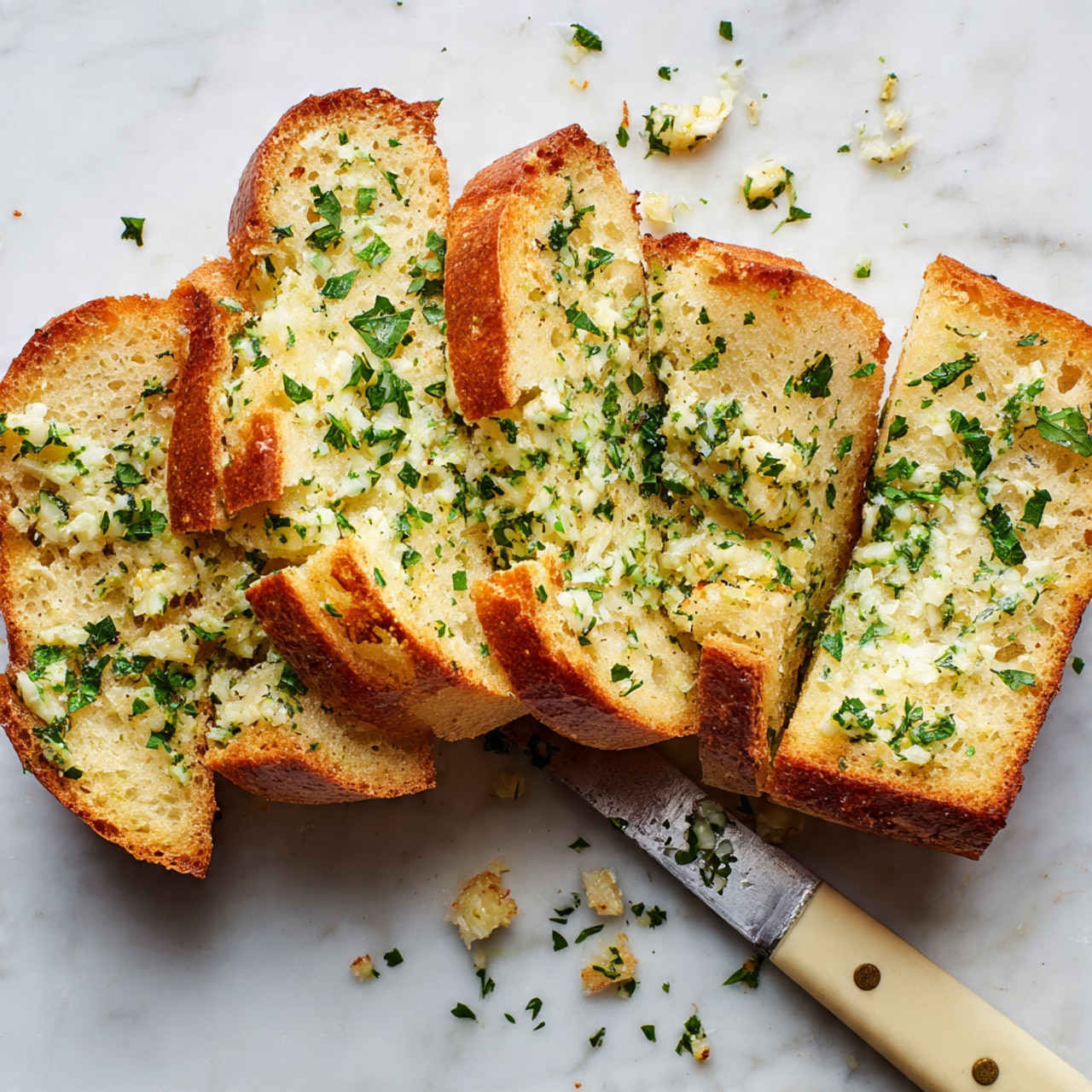 The image shows a loaf of garlic bread sliced into thick pieces on a white marbled surface. The bread has a golden-brown crust on the edges and is topped with a layer of melted garlic butter mixed with chopped green herbs like parsley, giving a fresh look with green specks scattered across the bread. The garlic topping layer is creamy white with a slightly toasted texture. There is a knife with a beige handle resting beside the bread, and small bits of herbs are sprinkled lightly around the bread. photo taken with an iphone --ar 4:5 --v 7