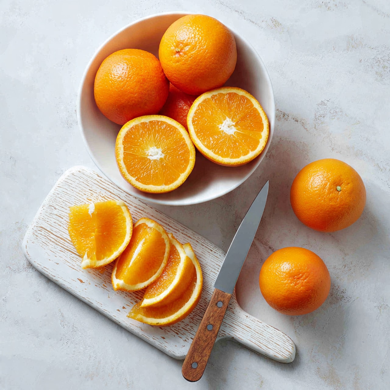The image shows a white bowl placed on a white marbled surface, holding three whole bright orange tangerines with a slightly rough texture. Around the bowl, many thin orange slices are spread out flat on the surface. Each orange slice has a translucent look with a detailed pattern of the orange segments and white pith around the edges. The slices have a dried, crisp texture and a rich golden-orange color, giving a warm contrast to the white bowl and surface. photo taken with an iphone --ar 4:5 --v 7