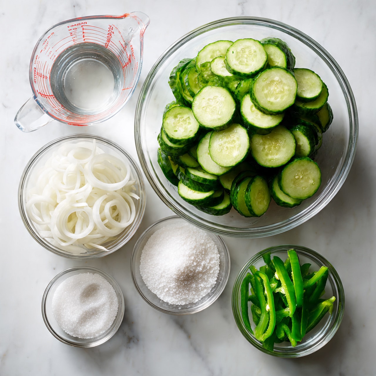 A clear glass bowl filled with thin round green cucumber slices and white onion strips mixed together, placed on a white marbled surface. The cucumber slices are bright green with a slightly darker skin around the edges, and the white onion strips are smooth and layered among the cucumber. photo taken with an iphone --ar 4:5 --v 7