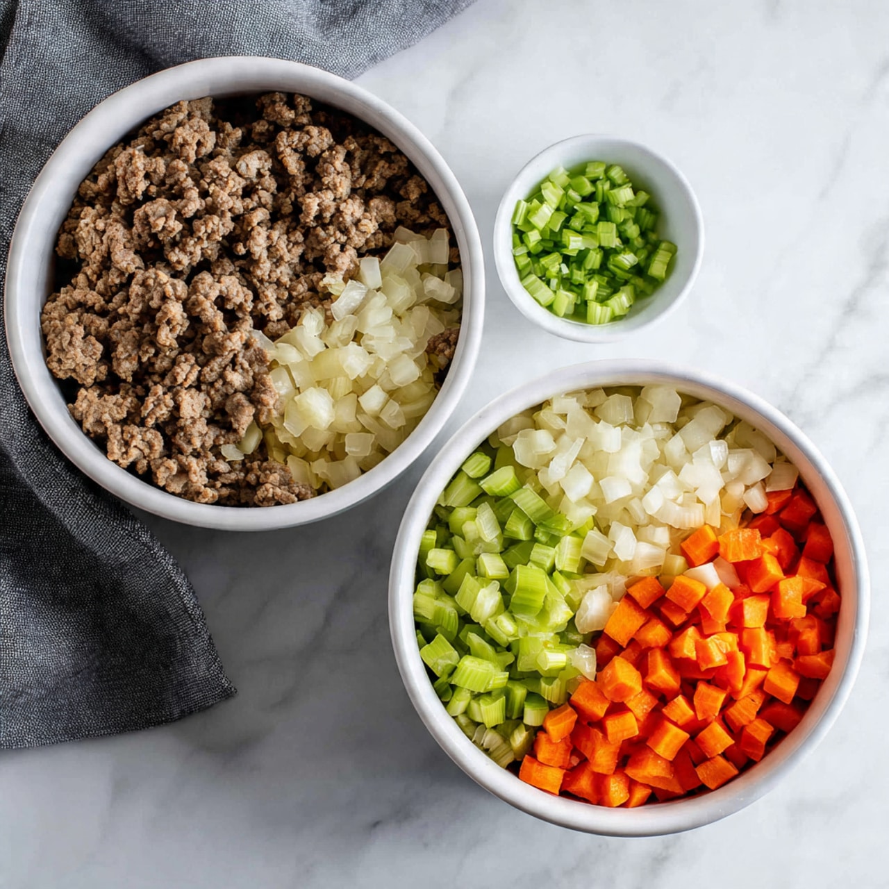 The image shows two white pots on a white marbled surface with a gray cloth on the left side. The left pot is filled with cooked ground beef, which is brown and crumbly, evenly spread across the bottom. Above the pot, a small white bowl holds chopped green celery. The right pot contains three separate layers of chopped vegetables: diced white onions covering the right half, bright orange carrot cubes on the lower right, and chopped green celery on the upper left. Above the pot, a white bowl holds more browned ground beef. photo taken with an iphone --ar 4:5 --v 7