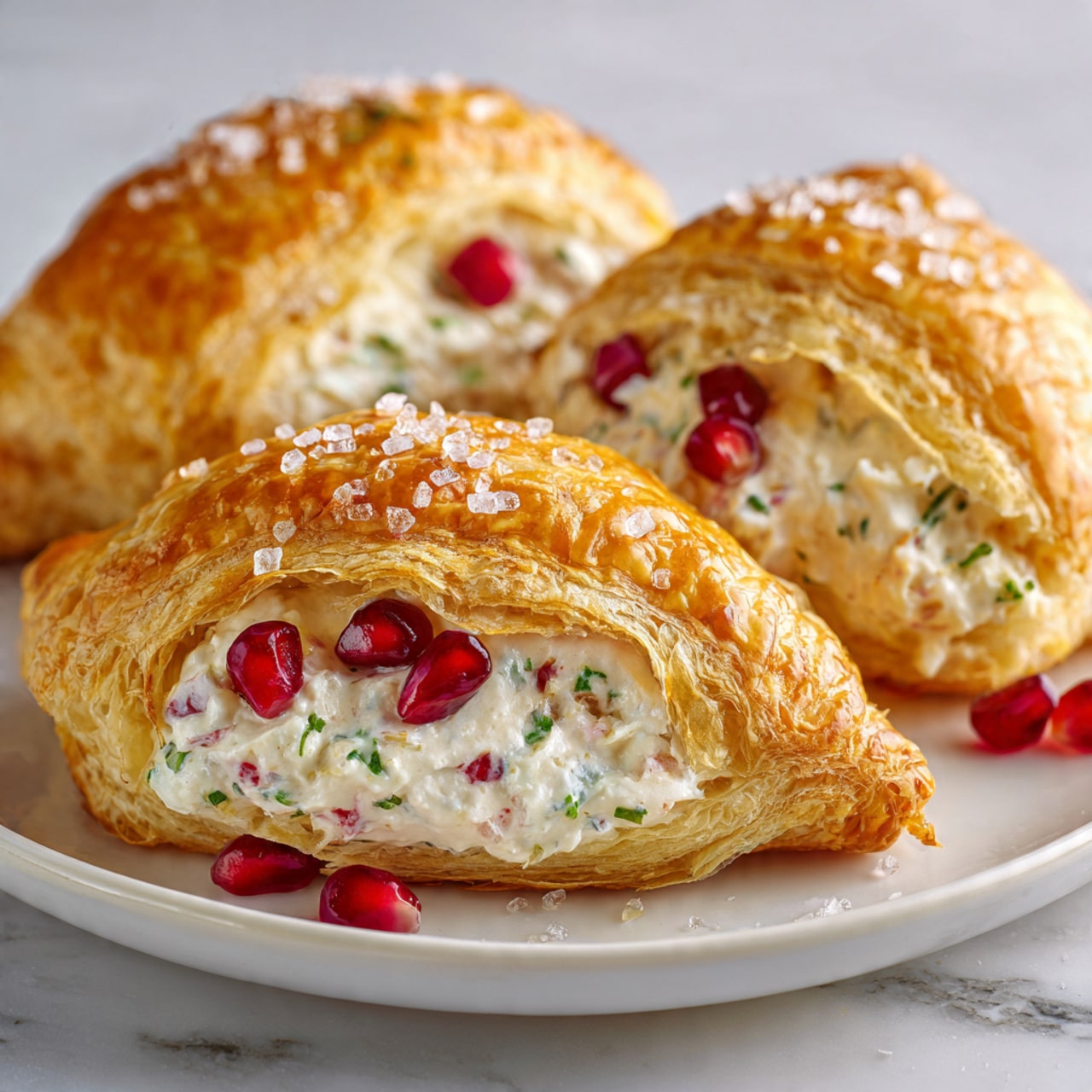 The image shows a close-up of a golden brown pastry with a flaky, soft texture. The pastry is filled with a creamy white layer that looks smooth and rich, with small green herb bits scattered within it. Bright red pomegranate seeds add a pop of color sitting inside the filling, making the inside look fresh and juicy. The pastry is sprinkled with coarse salt crystals on top, giving it a slight shimmer. The dish is presented on a white plate with a white marbled background. Photo taken with an iphone --ar 4:5 --v 7