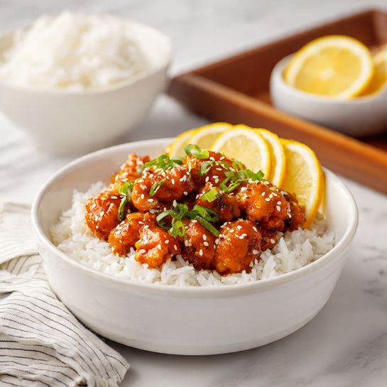 A white bowl filled about half with white rice forms the base layer, with small, soft grains visible. On top, there is a thick layer of orange-glazed bite-sized pieces of chicken, coated with a shiny sauce. The chicken pieces are sprinkled with white sesame seeds and chopped green onions, adding pops of color and texture. On one side of the bowl, three thin lemon slices are neatly placed acting as a garnish. In the background, another white bowl filled with plain white rice sits on a white marbled surface, with part of a wooden tray and a striped cloth napkin barely visible. Photo taken with an iphone --ar 4:5 --v 7