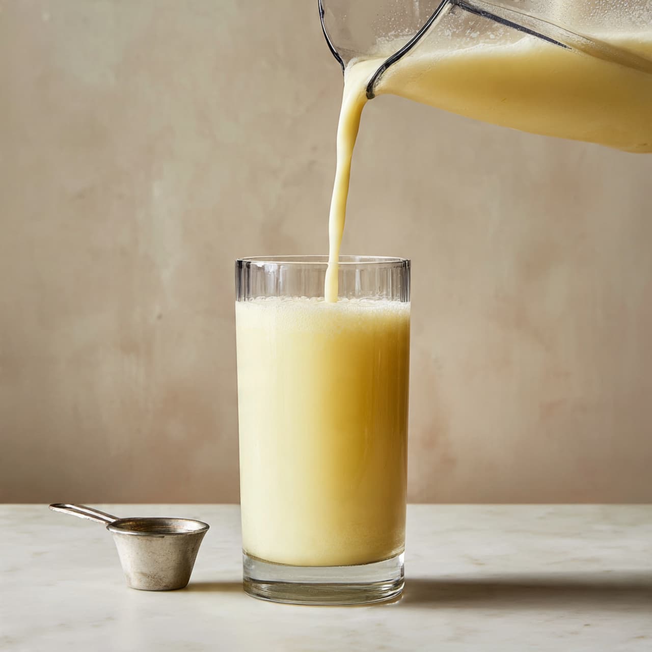 A clear tall glass with a wide base and narrower top is being filled with a light yellow creamy drink. The creamy liquid flows smoothly from a blender pitcher into the glass, forming a soft, thick layer that fills it almost to the top. A small silver measuring cup sits to the left side of the glass on a white marbled surface, with a neutral light tan textured background behind. Photo taken with an iphone --ar 4:5 --v 7