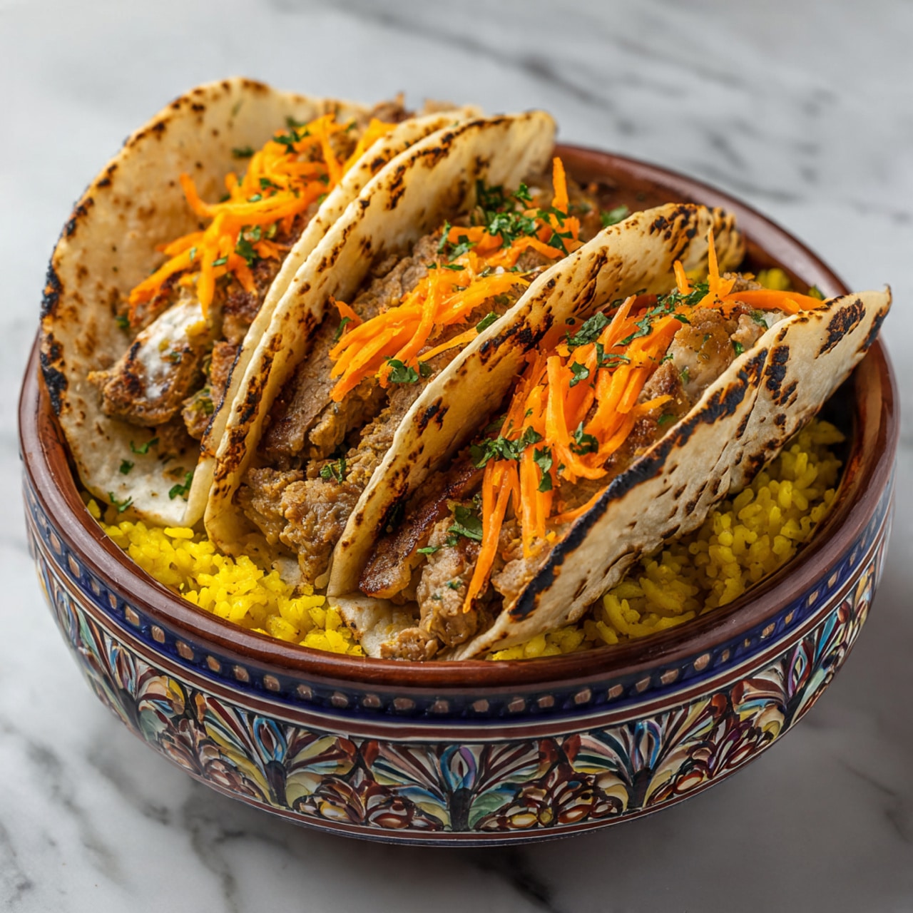 A close-up view of three soft tortillas folded and placed side by side in a small white bowl with a colorful floral pattern on the inside. Each tortilla has three layers: the bottom layer is bright yellow rice, the middle layer consists of small pieces of cooked meat with a light brown color, and the top layer is made of thin strips of bright orange carrot sprinkled with fresh green herbs. The edges of the tortillas show light browning with some char marks. This bowl is set on a large white plate with a white marbled surface as the background. photo taken with an iphone --ar 4:5 --v 7