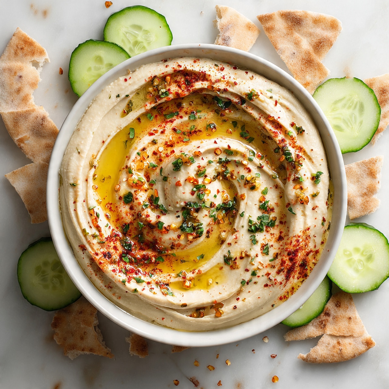 A round white bowl filled with two thick swirls of creamy beige hummus, topped with a drizzle of golden olive oil, a light sprinkling of red paprika, and small green herb flakes. The bowl sits on a white marbled surface scattered with pieces of torn flatbread and fresh cucumber slices, some halved and some quartered, creating a simple and fresh presentation. Photo taken with an iphone --ar 4:5 --v 7