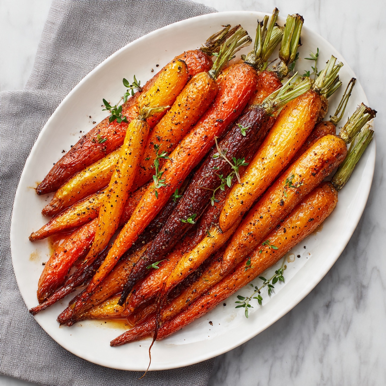 A white oval plate filled with about sixteen roasted whole carrots layered close together, showing a mix of bright orange and darker caramelized brown colors on their smooth skin. The carrots have green tops still attached and are coated with a shiny glaze that looks oily and speckled with black pepper. The plate sits on a white marbled surface with a gray cloth partially visible under the bottom left side. photo taken with an iphone --ar 4:5 --v 7