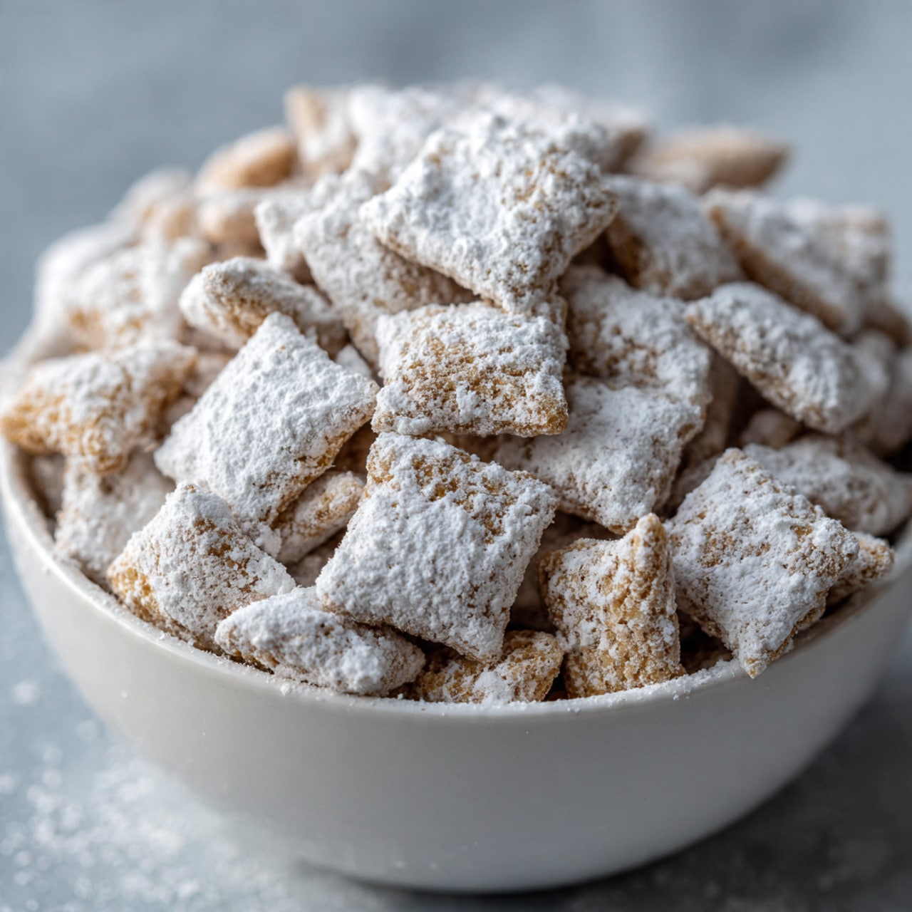 A close-up view of a white bowl filled with many small, square cereal pieces covered in a thick layer of white powdered sugar. The cereal pieces are light brown but mostly hidden under the white powder that gives them a soft, powdery texture. The bowl sits on a white marbled surface with a soft focus on the background. photo taken with an iphone --ar 4:5 --v 7