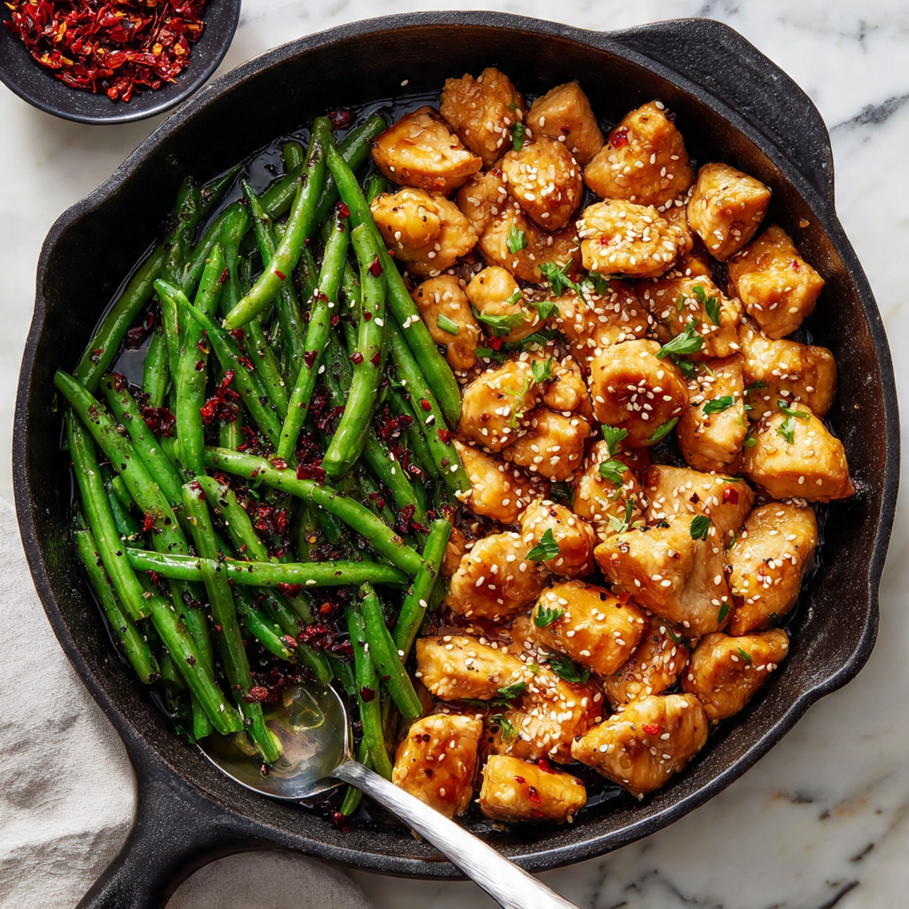 The image shows a cast iron skillet filled with two main layers of food. On the left side, there is a layer of cooked green beans, bright green in color with some blackened spots, coated lightly with oil and sprinkled with red chili flakes and sesame seeds. On the right side, chunks of golden-brown chicken pieces, crispy and glazed with a shiny sauce, are scattered and topped with sesame seeds and small green herb leaves. A metal spoon rests in the skillet over the chicken pieces, ready to serve. The skillet sits on a white marbled surface with a small black bowl of red chili flakes and some fresh green herbs in the background. photo taken with an iphone --ar 4:5 --v 7