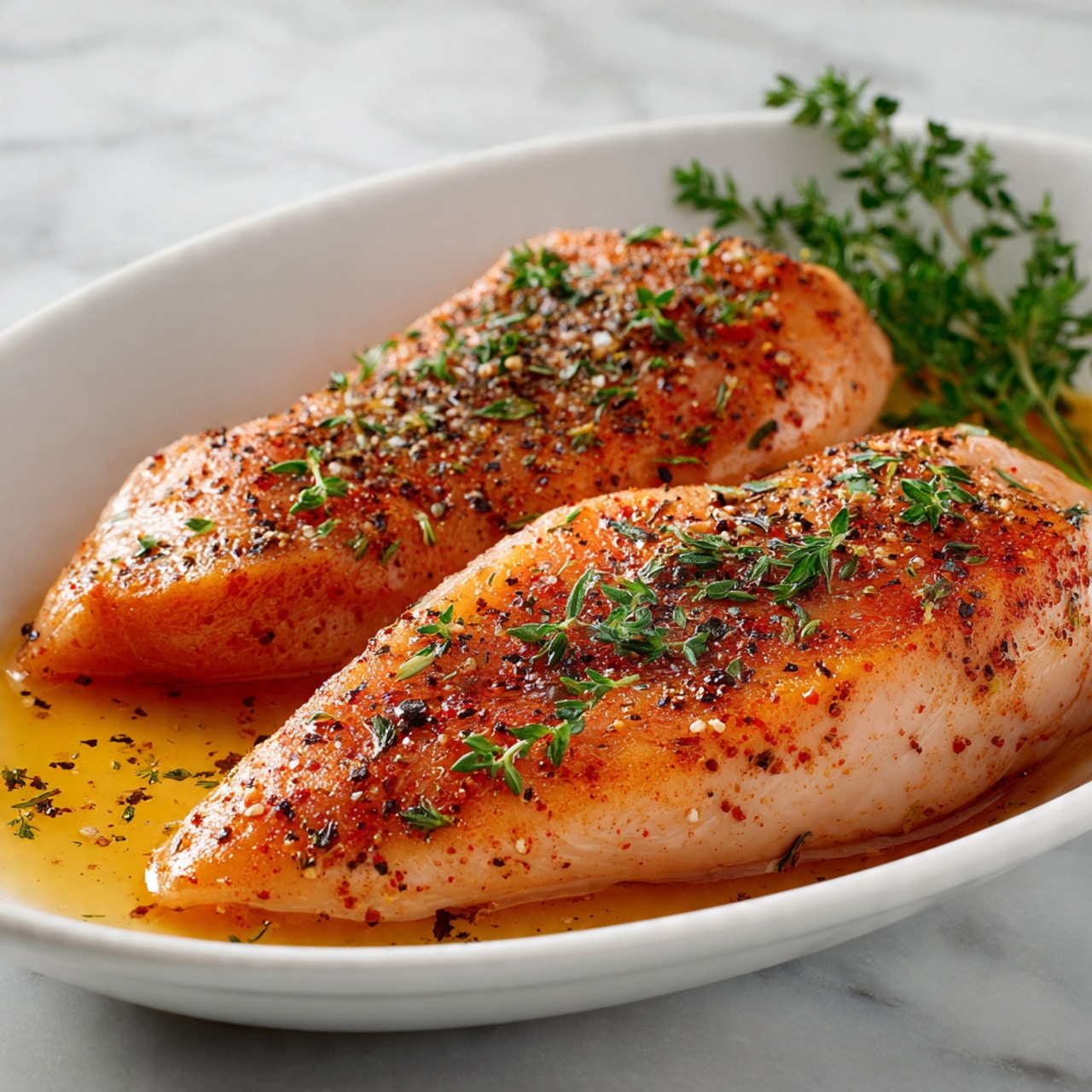 Two raw chicken fillets lie flat in a white oval plate. Each fillet is coated with a layer of orange-red seasoning with visible black pepper and herbs sprinkled unevenly on top. The plate sits on a white marbled surface. photo taken with an iphone --ar 4:5 --v 7