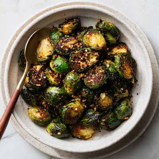 A white speckled bowl filled with roughly two layers of roasted Brussels sprouts, each sprout showing a mix of dark brown, deep green, and golden-yellow colors with a slightly crispy and charred texture. Small bits of light brown toasted garlic are scattered on top. A metal fork with a wooden handle rests partly inside the bowl on the left side, and a metal spoon with a wooden handle rests on the right side. The bowl is placed on a white speckled plate, all set on a white marbled surface. Photo taken with an iphone --ar 4:5 --v 7