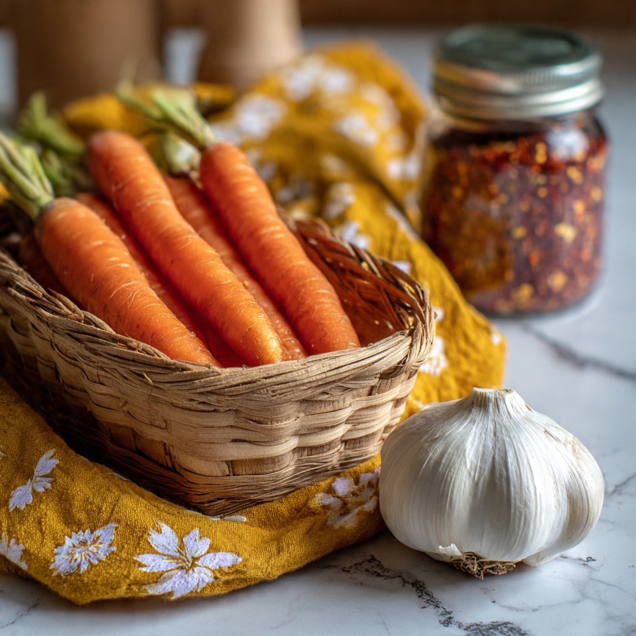 A small wooden basket holds five fresh orange carrots, arranged side by side with their tops facing toward the background, and one large white garlic bulb placed among them near the front right corner. The basket sits on a white marbled surface covered partially by a mustard-yellow cloth with white floral patterns. In the background, blurred, there is a glass jar with a silver lid containing red spices. photo taken with an iphone --ar 4:5 --v 7