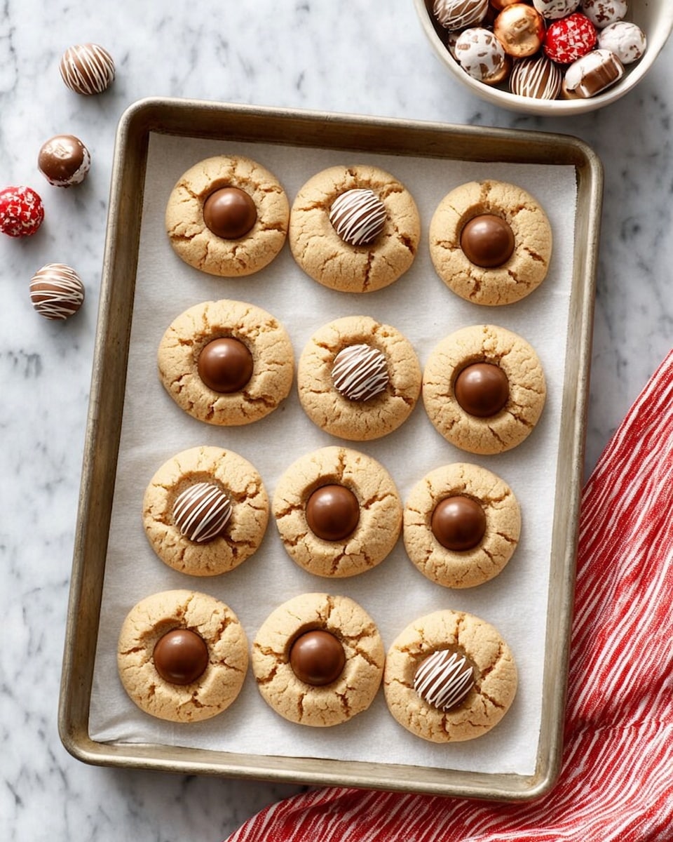 A group of round cookies with cracked light brown surfaces are spread out on crumpled white parchment paper over a white marbled surface. Each cookie has a smooth, glossy dollop of chocolate or striped white and dark chocolate candy in the center. Some cookies are whole, while others have a bite taken out, showing a soft texture inside. Scattered around the cookies are matching chocolate candies in a small white bowl and on the surface. Pinecones and small white and green decorative trees add a festive touch to the scene. Photo taken with an iphone --ar 4:5 --v 7