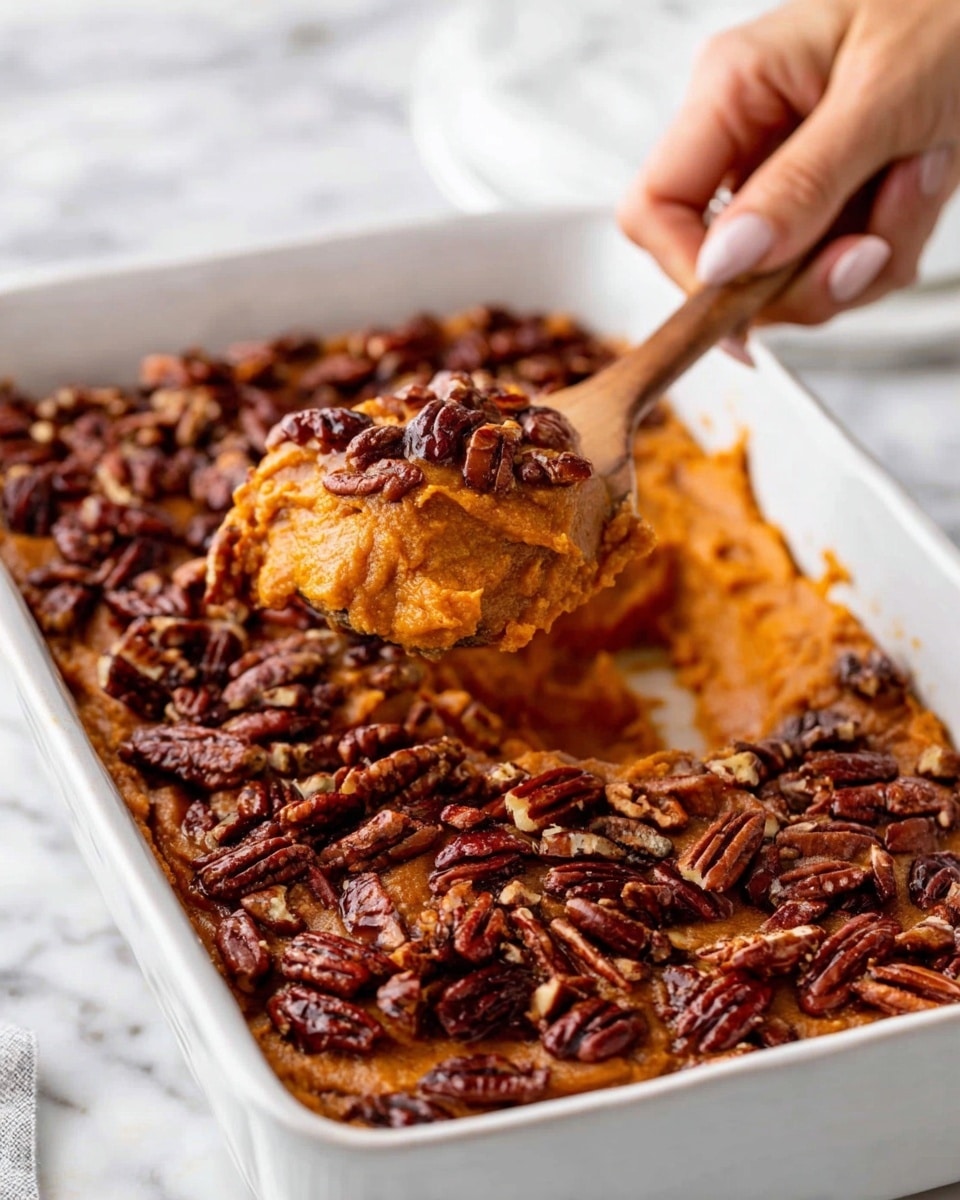 The dish is a square white ceramic baking dish filled with two layers. The bottom layer is smooth and creamy with a warm orange color, while the top layer is a rich mix of whole and chopped pecans that are dark brown and glossy, adding a crunchy texture. A wooden spoon is scooping a portion from the bottom left corner, lifting the orange layer along with the pecan topping. A woman's hand is holding the spoon over the dish. The dish is placed on a white marbled surface. photo taken with an iphone --ar 4:5 --v 7