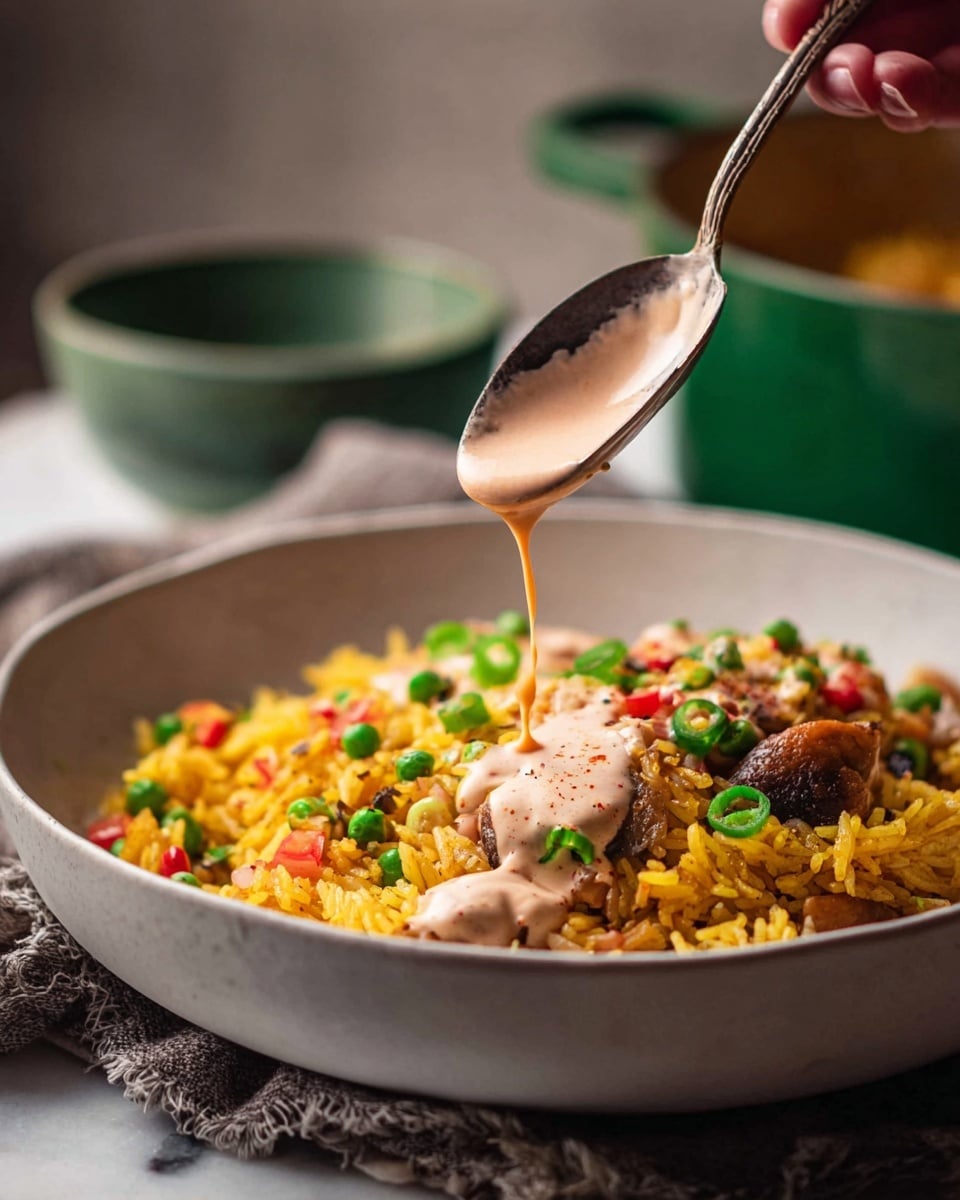 The image shows a close-up of a white bowl filled with yellow spiced rice mixed with small pieces of cooked chicken, red bell pepper slices, and green peas. The rice dish is topped with a light creamy sauce drizzled unevenly, giving a soft texture. Scattered thin slices of bright green onion lay on top, adding color contrast. A wooden spoon scoops up some of the rice, giving a sense of depth and texture to the grains and toppings. The bowl is placed on a white marbled surface. photo taken with an iphone --ar 4:5 --v 7