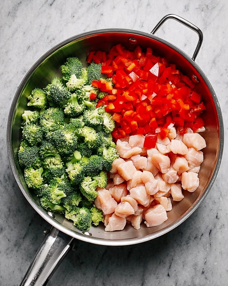 A top view of a shiny metal frying pan filled with three separate piles of ingredients. On the left, there are small bright green broccoli florets with detailed textures. On the top right, there are small, glossy red bell pepper cubes. On the bottom right, there is raw, pale pink chicken cut into small even pieces. The pan is placed on a white marbled surface. Photo taken with an iphone --ar 4:5 --v 7
