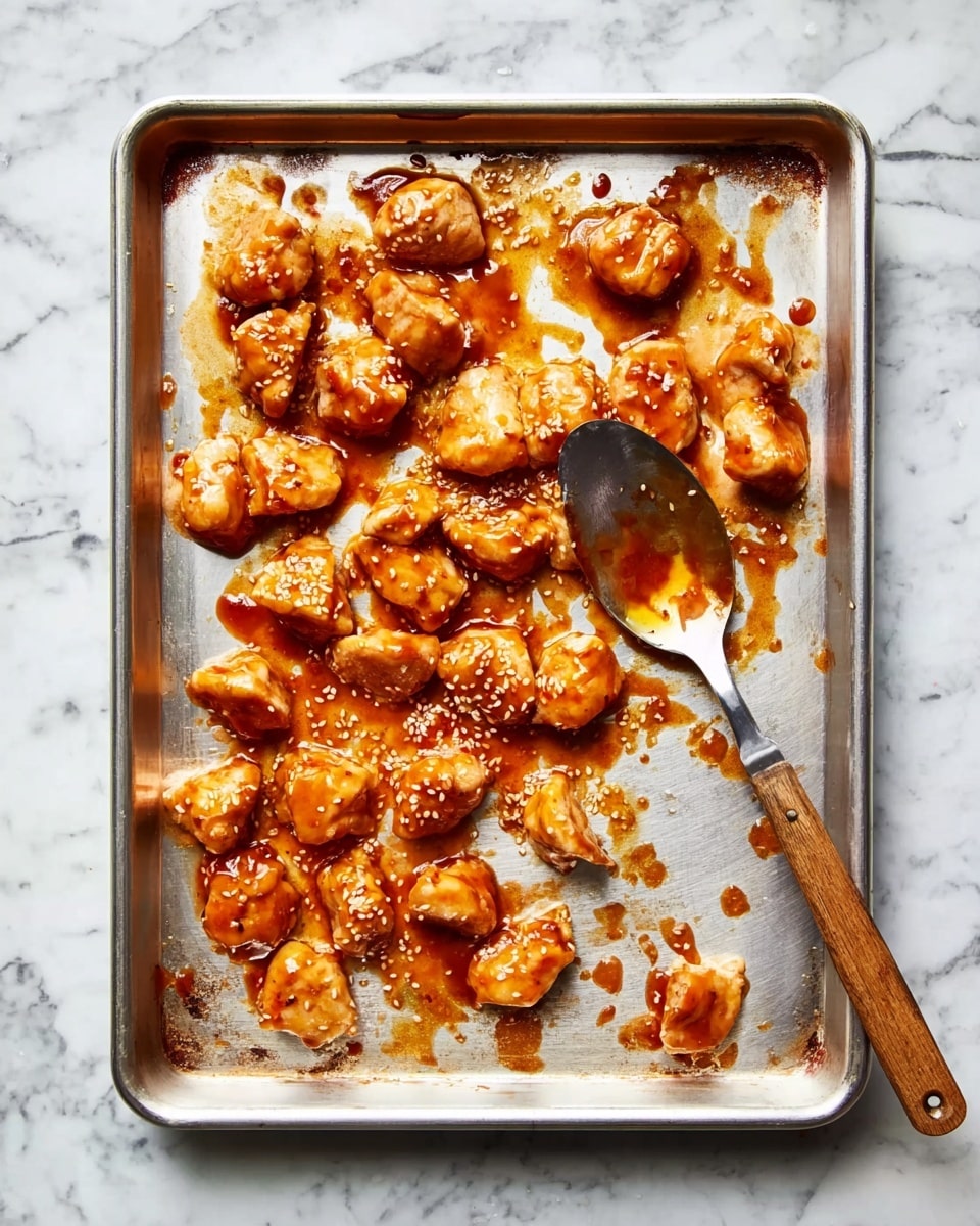 This image shows many small, square pieces of chicken covered in a shiny, thick orange-brown sauce spread across a white marbled surface. The chicken pieces are topped with white sesame seeds and thin green slices of scallions, scattered evenly over the dish. A metal spatula holds several pieces of the chicken, also covered in sauce and garnished with the same toppings. The sauce looks sticky and glossy, pooling slightly around the pieces on the surface. The scene is close-up, emphasizing the texture of the chicken and sauce, with a bright, natural light highlighting the colors and gloss. photo taken with an iphone --ar 4:5 --v 7