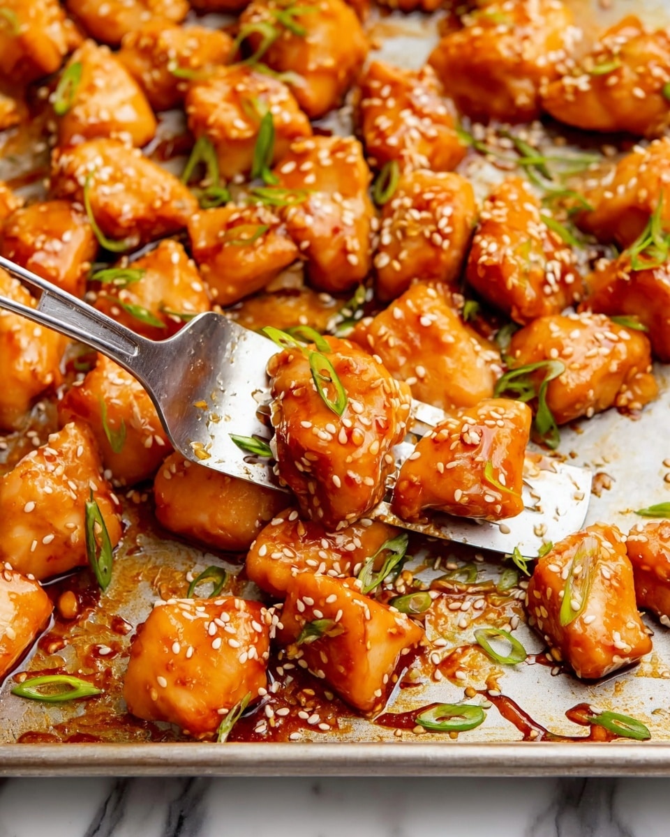 The image shows a metal baking sheet covered with small, bite-sized pieces of food coated in a shiny orange sauce. The pieces are spread out in an irregular pattern, some piled slightly on top of others. The sauce has a thick texture with some white sesame seeds scattered unevenly over the pieces. There is a silver slotted spoon with a wooden handle resting on the right side of the baking sheet, partially touching some of the sauced pieces. The baking sheet sits on a white marbled surface with some sauce splashes and baked-on residue around the food. Photo taken with an iphone --ar 4:5 --v 7