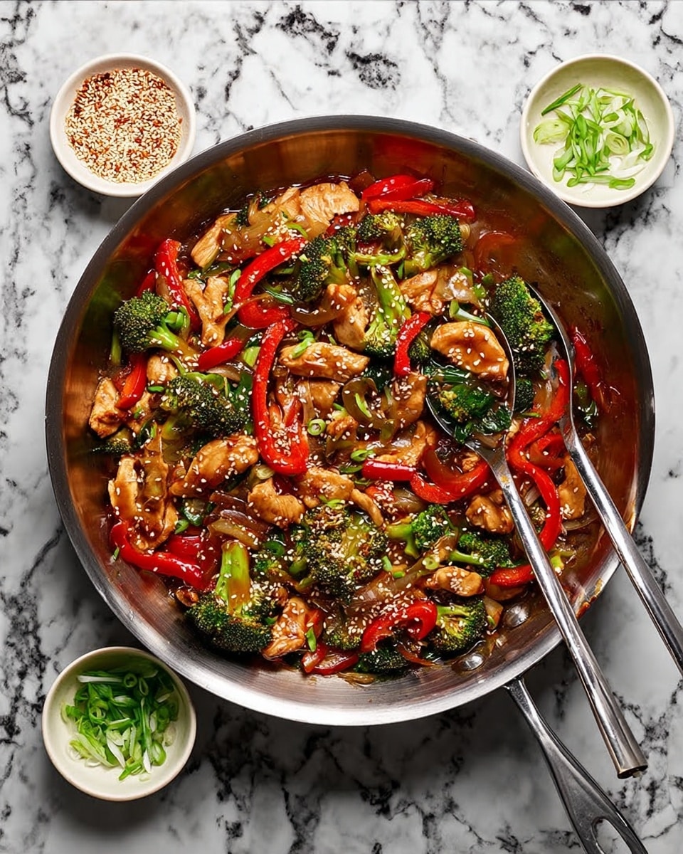 A bowl with white rice at the bottom, topped with colorful stir-fried vegetables and sliced chicken pieces coated in a glossy brown sauce. The vegetables include bright green broccoli florets, red bell pepper strips, and translucent cooked onion slices. The dish is garnished with white sesame seeds and thin green slices of chopped scallions. The bowl is black, placed on a white marbled surface, with wooden chopsticks resting on the right side. There is a small bowl of white sesame seeds and a black dish with sliced green onions nearby. photo taken with an iphone --ar 4:5 --v 7